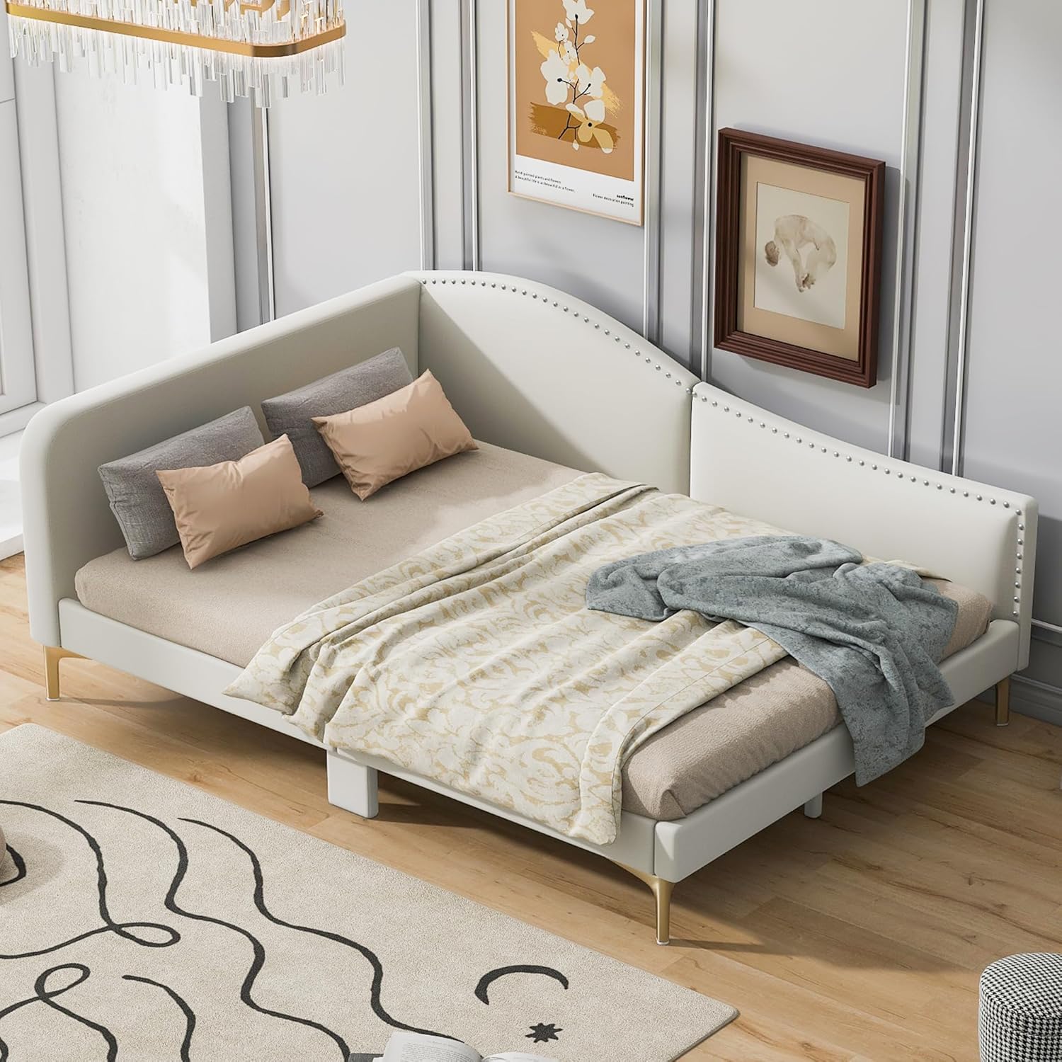 Full Size Upholstered Daybed with Armrest, Solid Wood Bed Frame with Headboard and Support Legs for Bedroom, Guest Room, No Spring Box Needed, Easy Assemble, Beige
