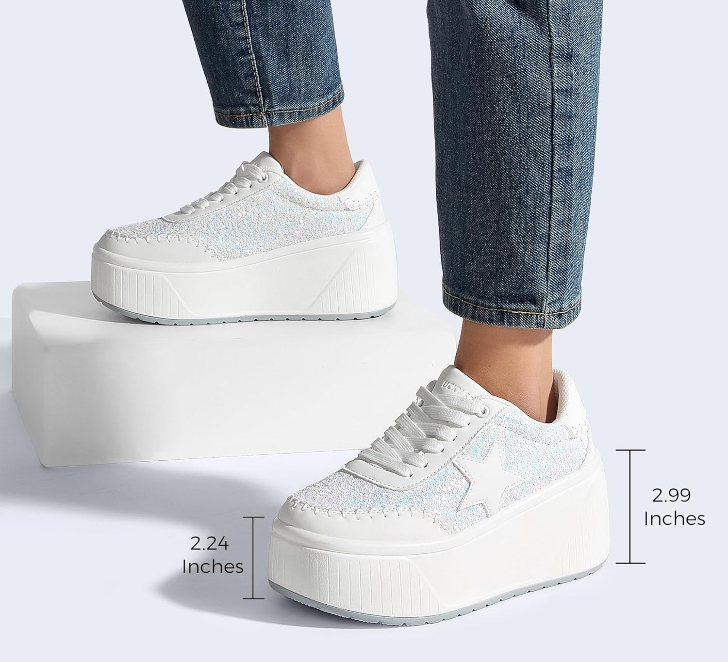LUCKY STEP Women's Platform Chunky Sneakers Fashion Star Glitter Sparkly Wedge Walking Shoes High Heel Casual Shiny Thick Sole Footwear - Image 2