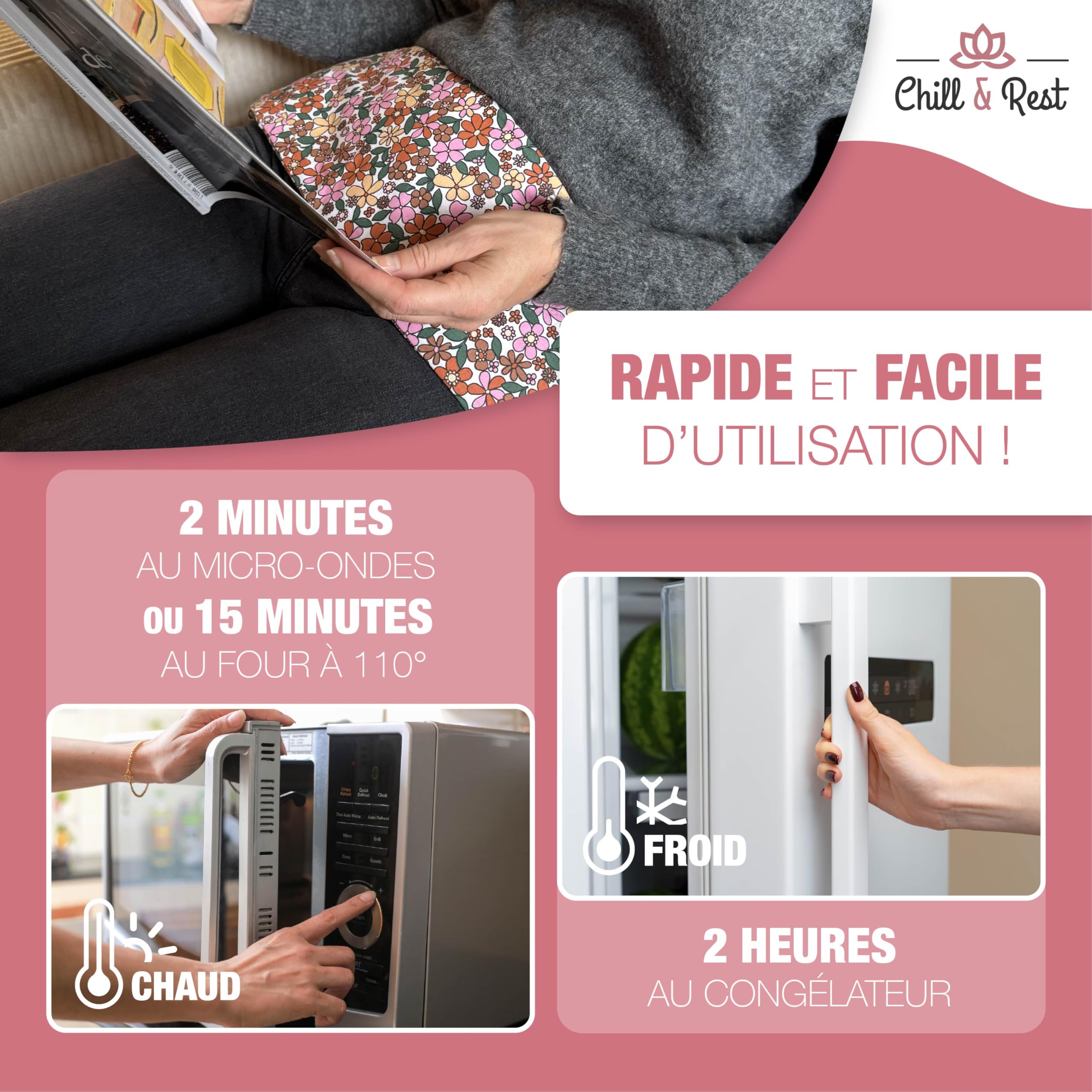 Chill&Rest - Bouillotte longue micro-onde déhoussable - Fabriquée en France - Coussin chauffant cervicales - Bouillotte seche - Ceinture chauffante règle douloureuse - Tour de cou chauffant-La Florale