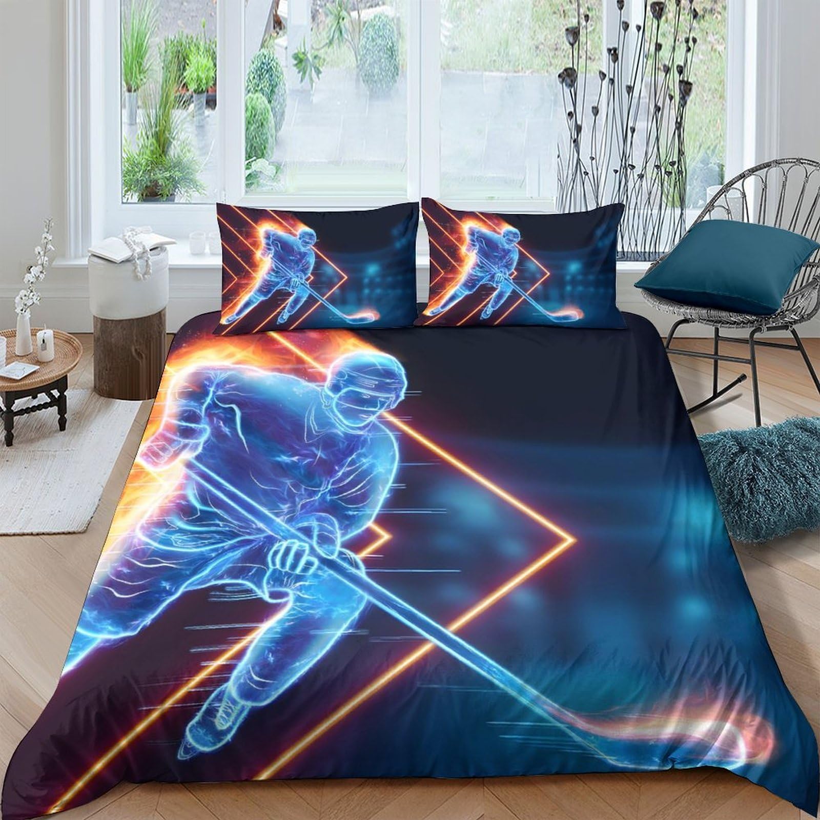 Ctjqhvkz Style-9 3D Printed Neon Hockey Player Fitted Sheet Microfiber Soft Bed Cover For Bedroom Guest Room Decor Easy Care Single（135X200cm）