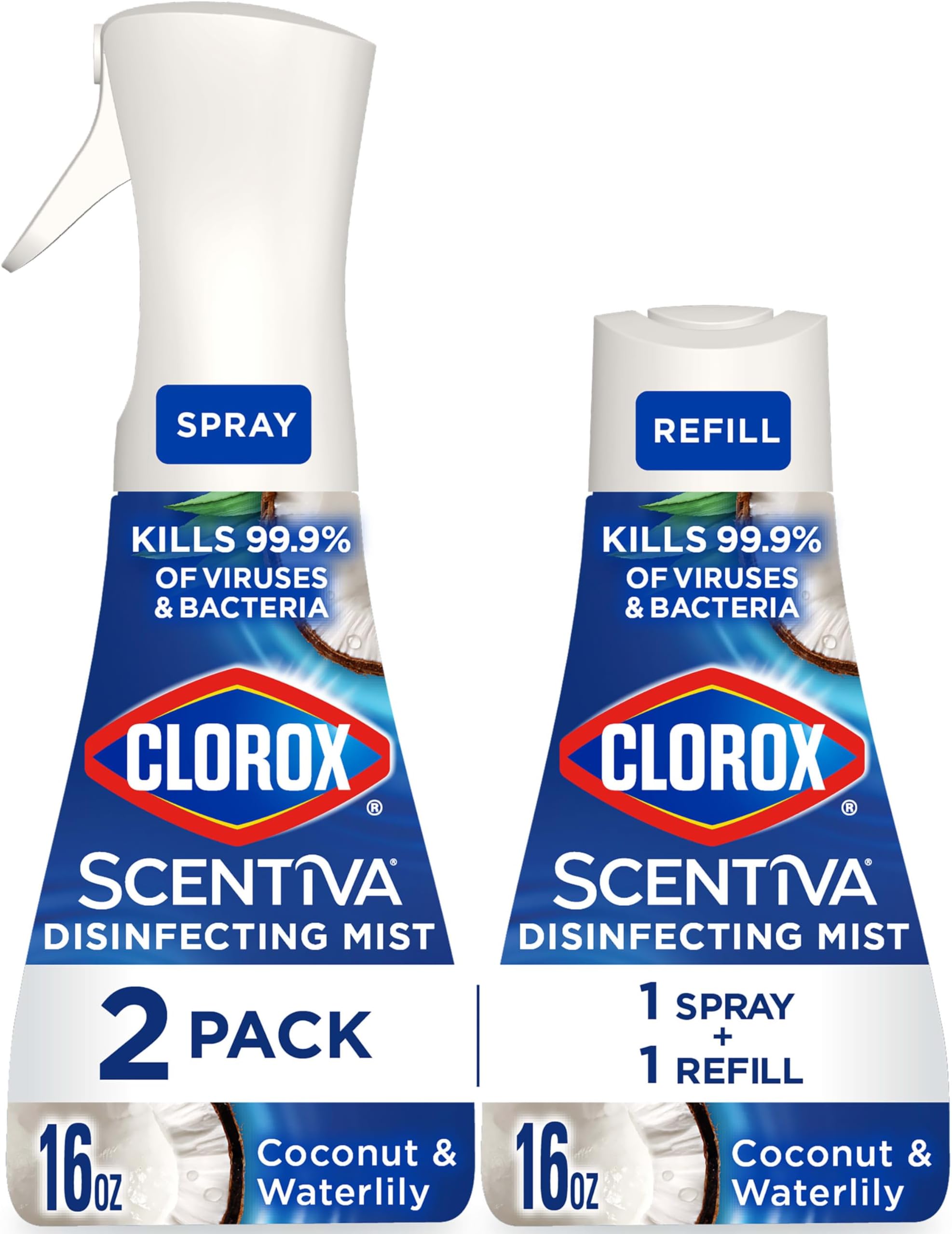 Scentiva Disinfecting Mist, Coconut and Waterlily, 1 Spray and 1 Refill, 16 oz Each