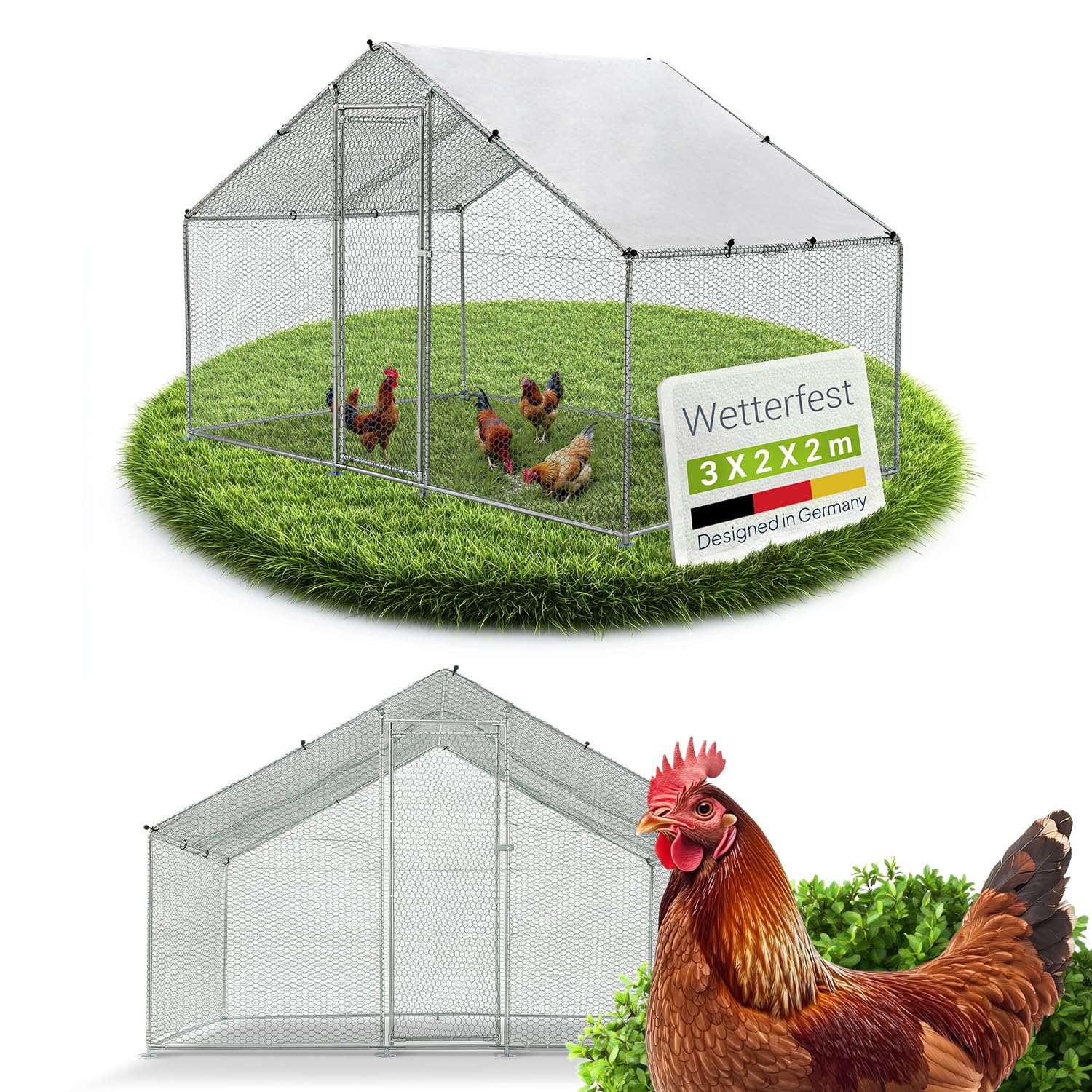 Juskys Freilaufgehege 3x2x2m - Hühnerstall aus Metall begehbar mit 6 m² Lauffläche, Tür & Riegel - Freigehege für Hühner, Kleintiere & Pflanzen