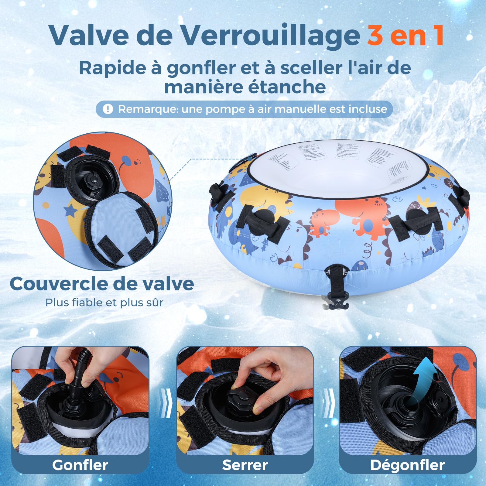 COSTWAY Luge Bouée Gonflable, Traîneau à Neige Robuste en Housse Oxford avec Poignées Robustes Gonfleur Manuel, Jouets Amusants d'hiver pour Enfants Adultes (Dinosaure)