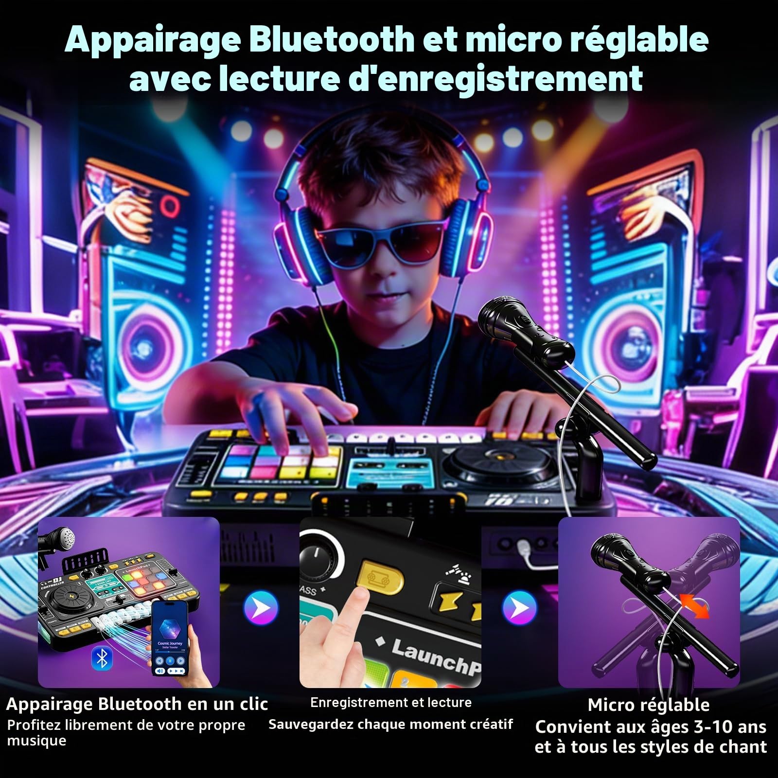 Platine DJ Enfant, Table Mixage Enfant, Table de Mixage DJ Set Jeu, avec Bluetooth, Microphone, Jeux Lumineux, Chargement USB, Convient pour 3 à 10 ans, Jouet pour Fêtes Familiales et Divertissement