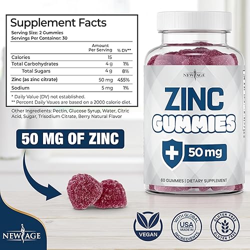 Miniatura 2 de NEW AGE - Gomitas de zinc  Paquete de 2  Suplemento de zinc de alto refuerzo inmunológico de 50 mg, defensa inmunológica, poderoso antioxidante