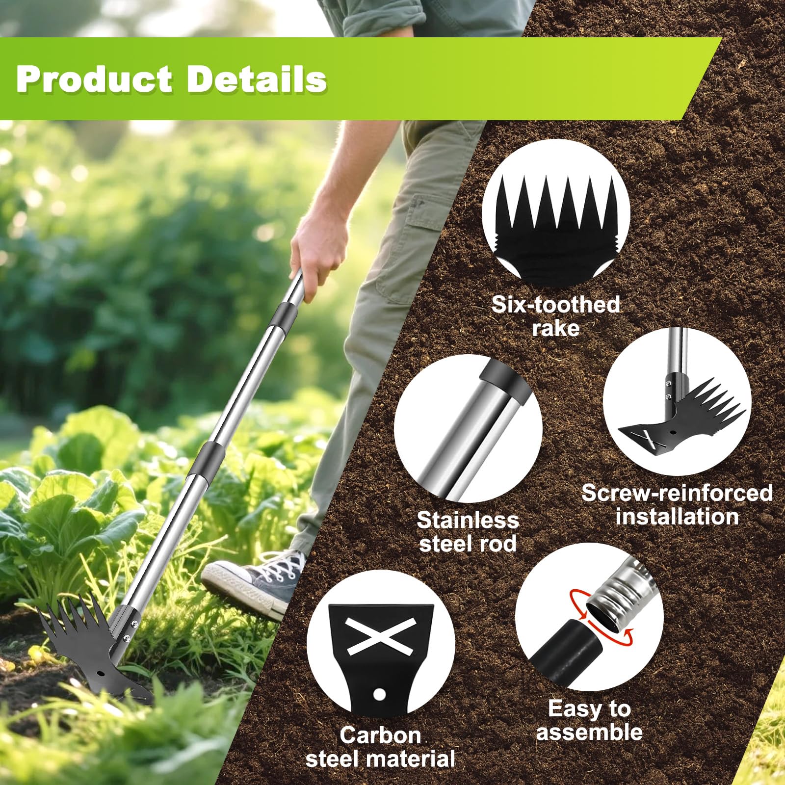 Extractor Malas Hierbas con Mango Largo Ajustable 148cm, Herramientas Extracción Rastrillo Jardín Azada Manual 2 en 1, Extractora Malezas Eliminación ​​Desbrozar Escarda para Césped, Patio, Terraza