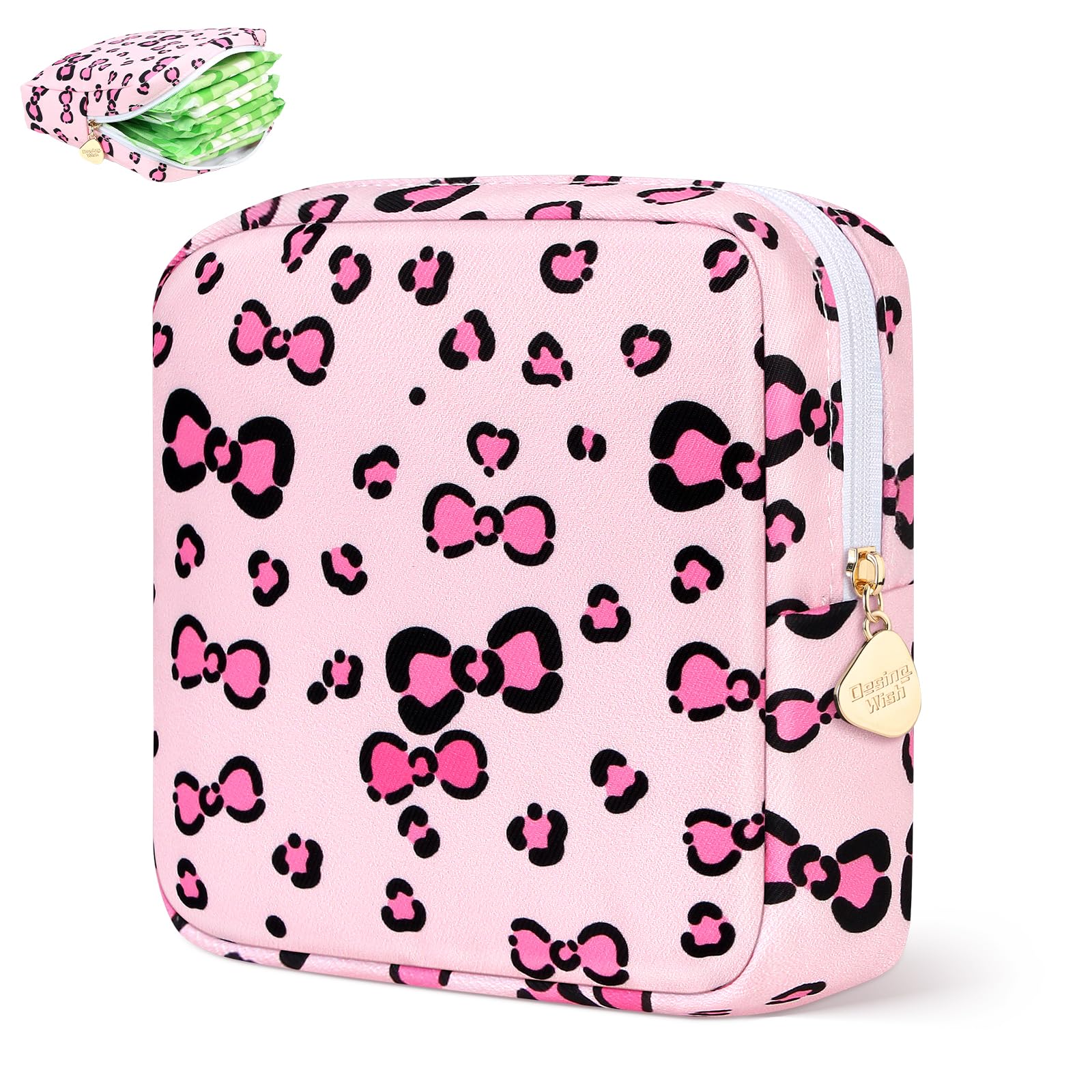 Sanitary Pad Storage Bag Portable Period Bag for Teen Pads/Sanitary Napkins/Small Tampons, Sanitary Napkin Storage Bag First Period Gifts for Teen Girls (Leopard Print Bowknot)
