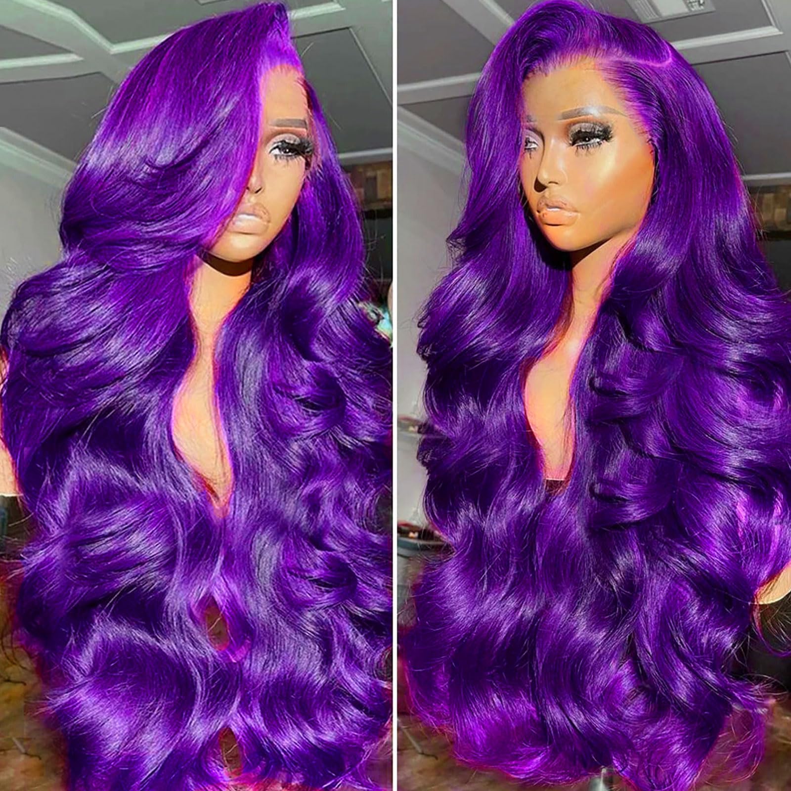 Wear and Go Glueless Wigs Human Hair Pre Plucked Pre Cut With Baby Hair 200% Density Purple 5x5 Body Wave Lace Front Wigs for Black Women HD