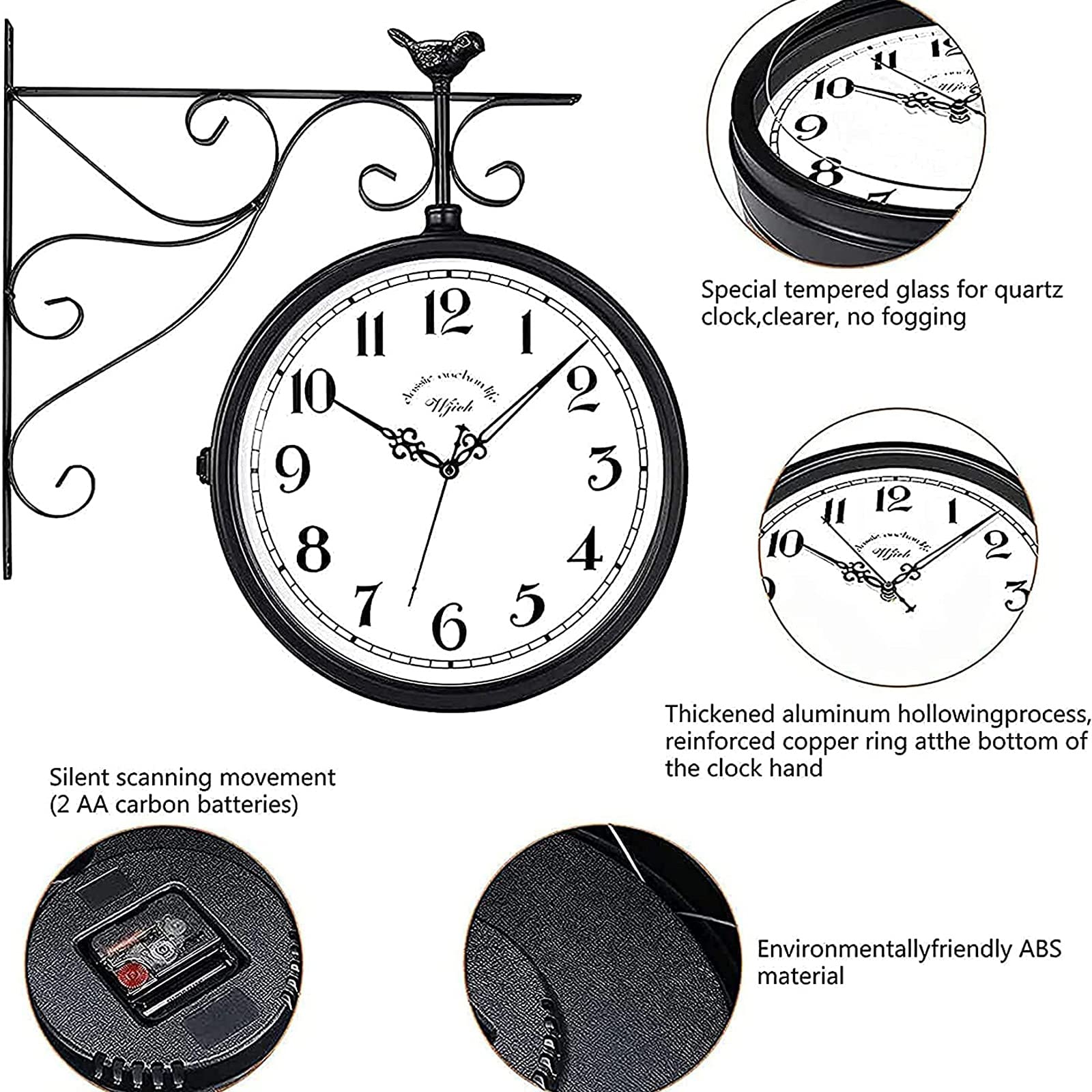 Orologio da Parete a Doppia Faccia in Ferro Battuto Vintage per Esterni con Staffa