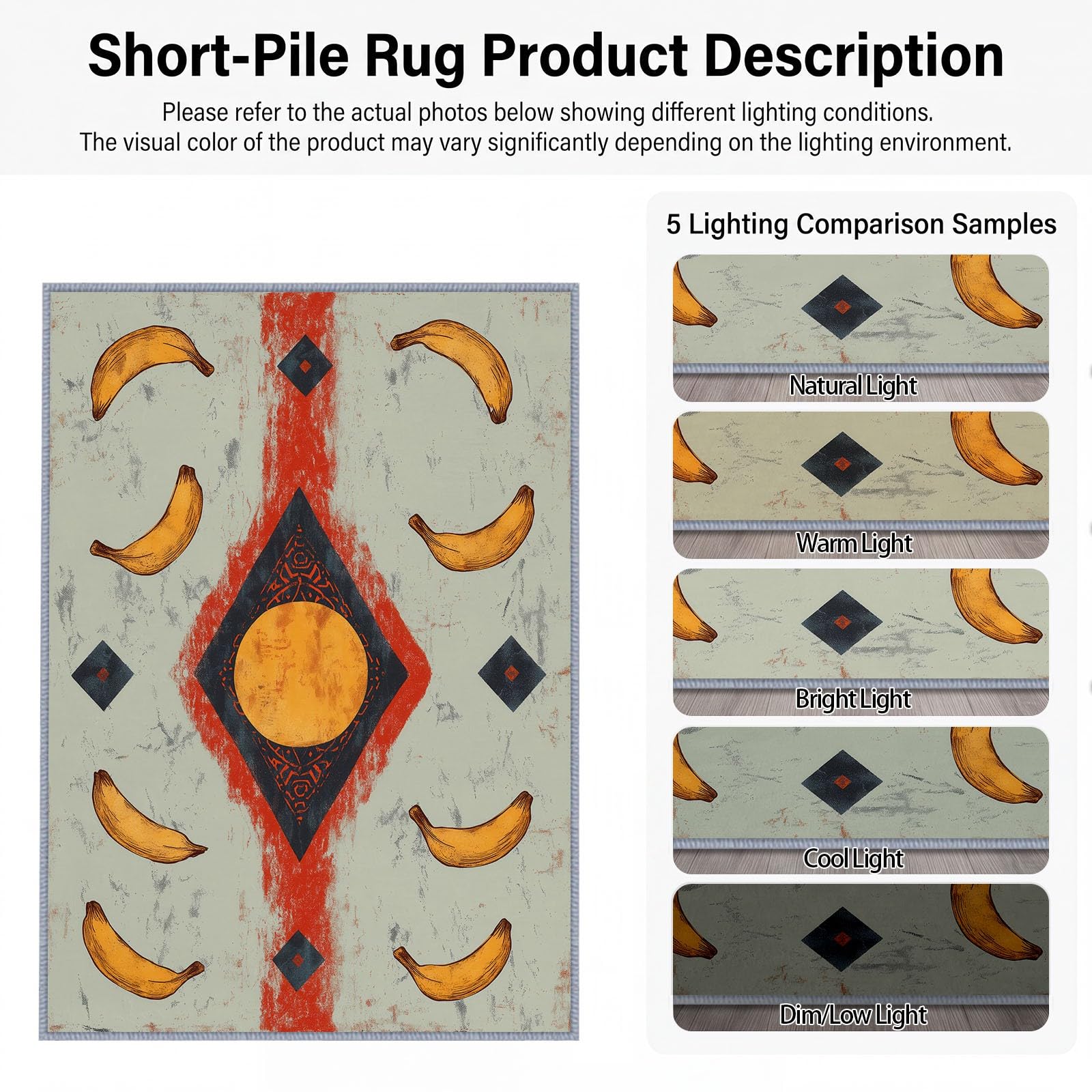 Générique Bananes Soleil Tapis Salon 120x176 cm, Lavable en Machine AntidéRapant Poil Ras Minimaliste Industriel Moderne Vieilli Tapis, pour Chambre Salle a Manger Descente de Lit Bureau Cuisine