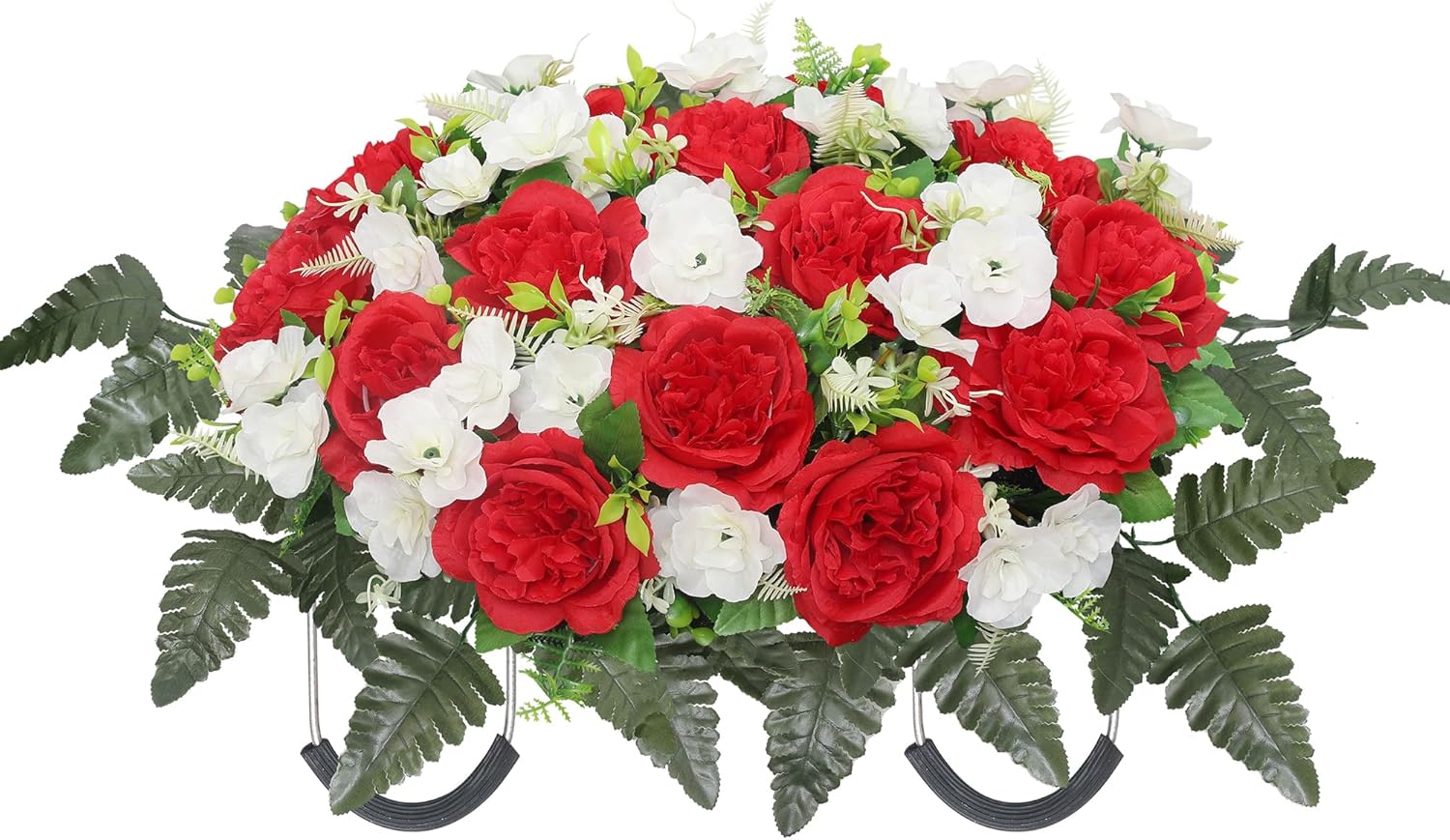 Cemetery Flower Saddle,Artificial Graveyard Flowers Grave Decorations,Headstone Flower Saddle Fade,Artificial Peonies Grave Memorial Flowers for Headstones Decoration (Red White)