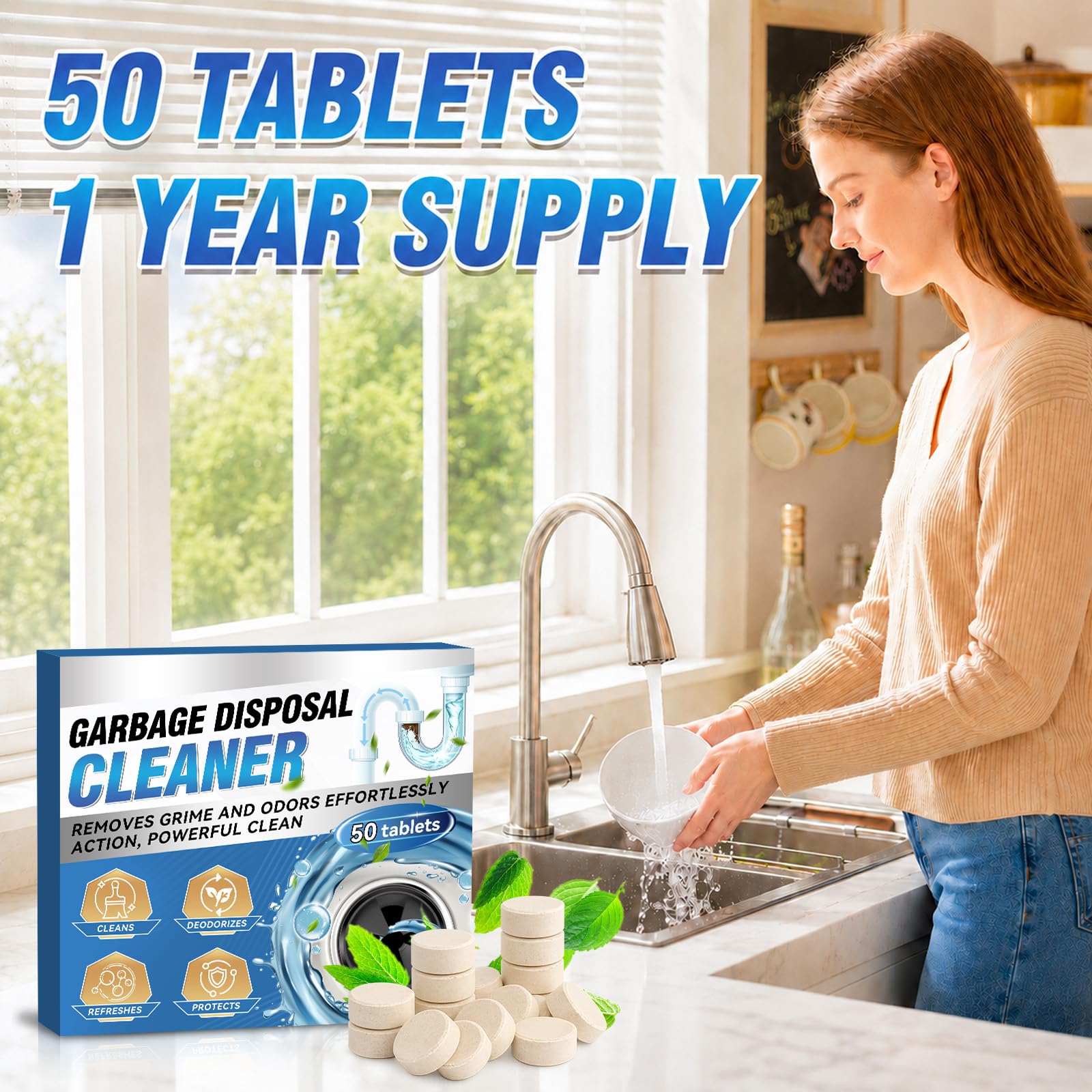 Pastiglie Cattivi Odori Scarichi, 50 Compresse Pulizia Scarichi e Lavandino Eliminano Cattivi Odori, Deodorante Scari-chi ad Azione Rapida per Cucina, Bagno e WC, Scorta per 1 Anno