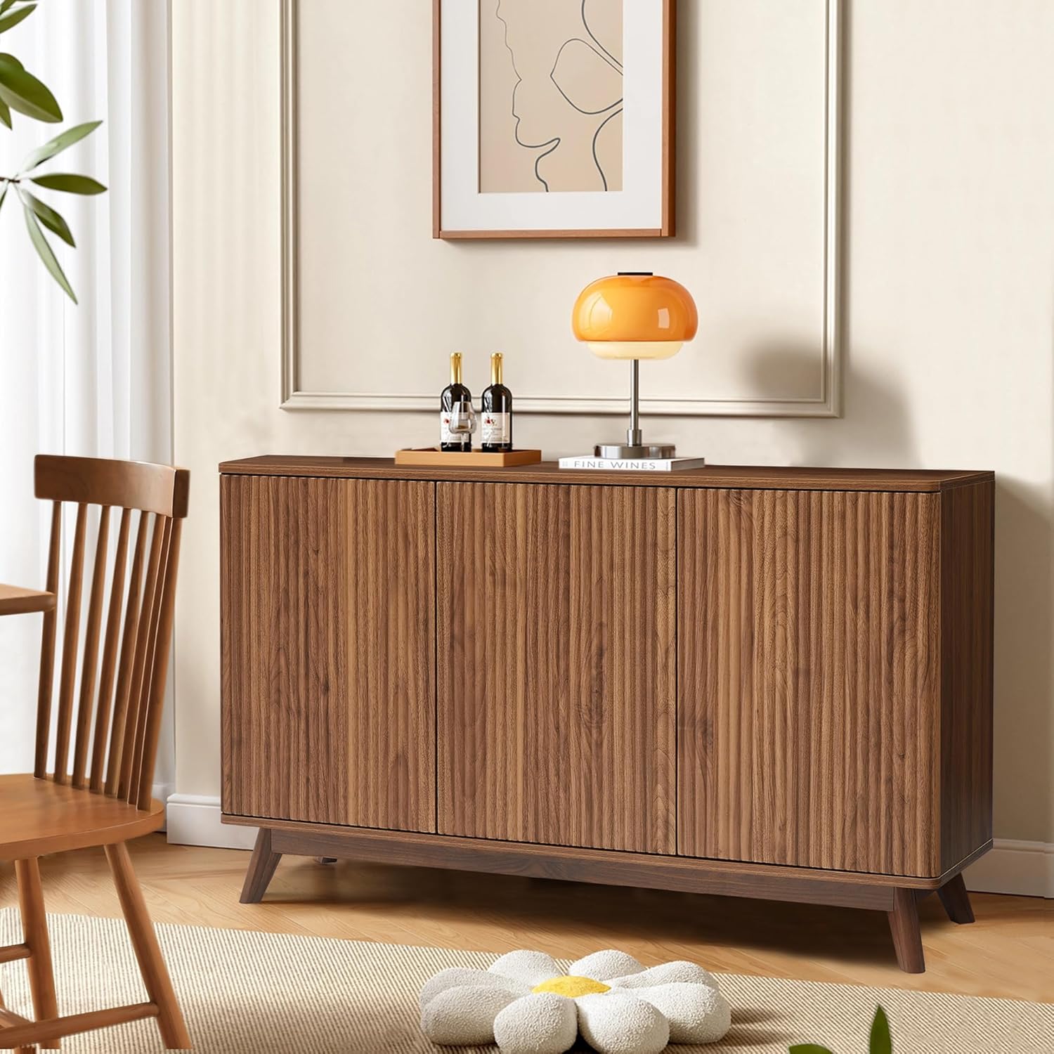 Fluted Sideboard Storage Cabinet with 3 Doors and Shelves, Mid Century Modern Accent Buffet Cabinet with Storage, Credenza Sideboard Buffet for Kitchen, Dining Room, Entryway, Under TV - Walnut