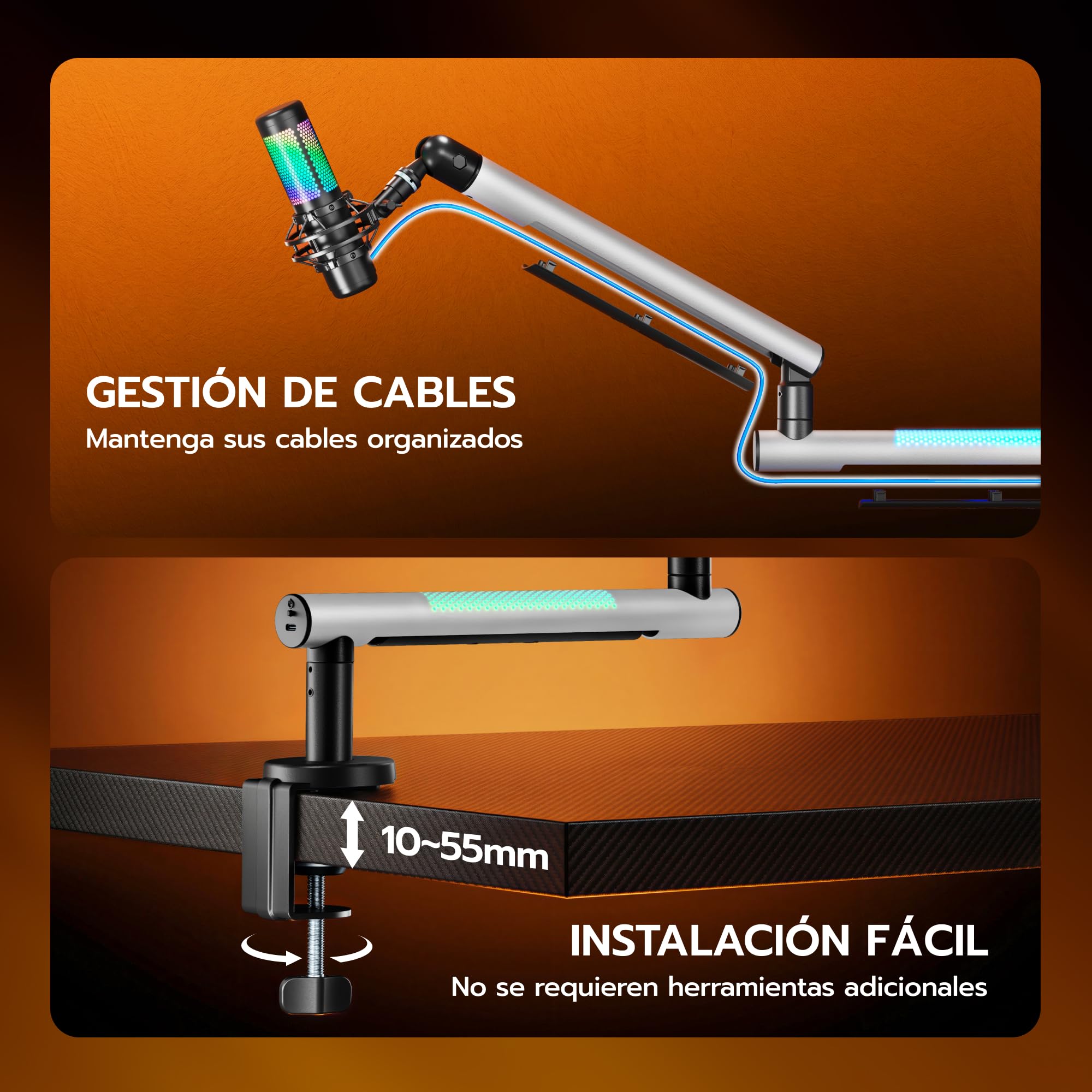 ARES WING Brazo de micrófono para videojuegos con luz RGB | soporte para micrófono con brazo giratorio giratorio de 360°, compatible con adaptador de 3/8" a 5/8", ideal para podcast