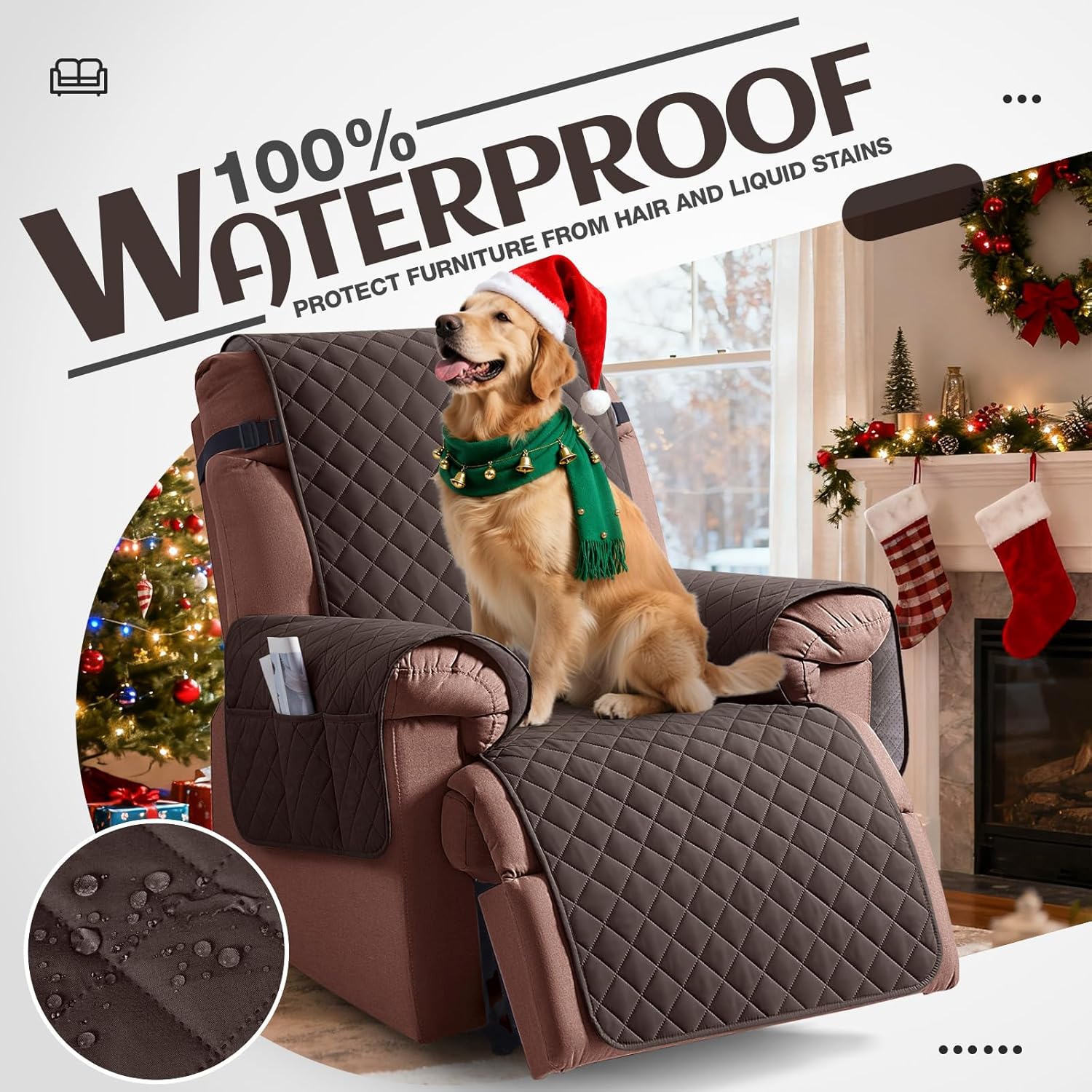 kincam 100% waterproof recliner chair cover, reclining couch covers for pets, dogs, recliner couch slipcover furniture protector with elastic straps for kids(23.6", chocolate) chocolate 23.6"