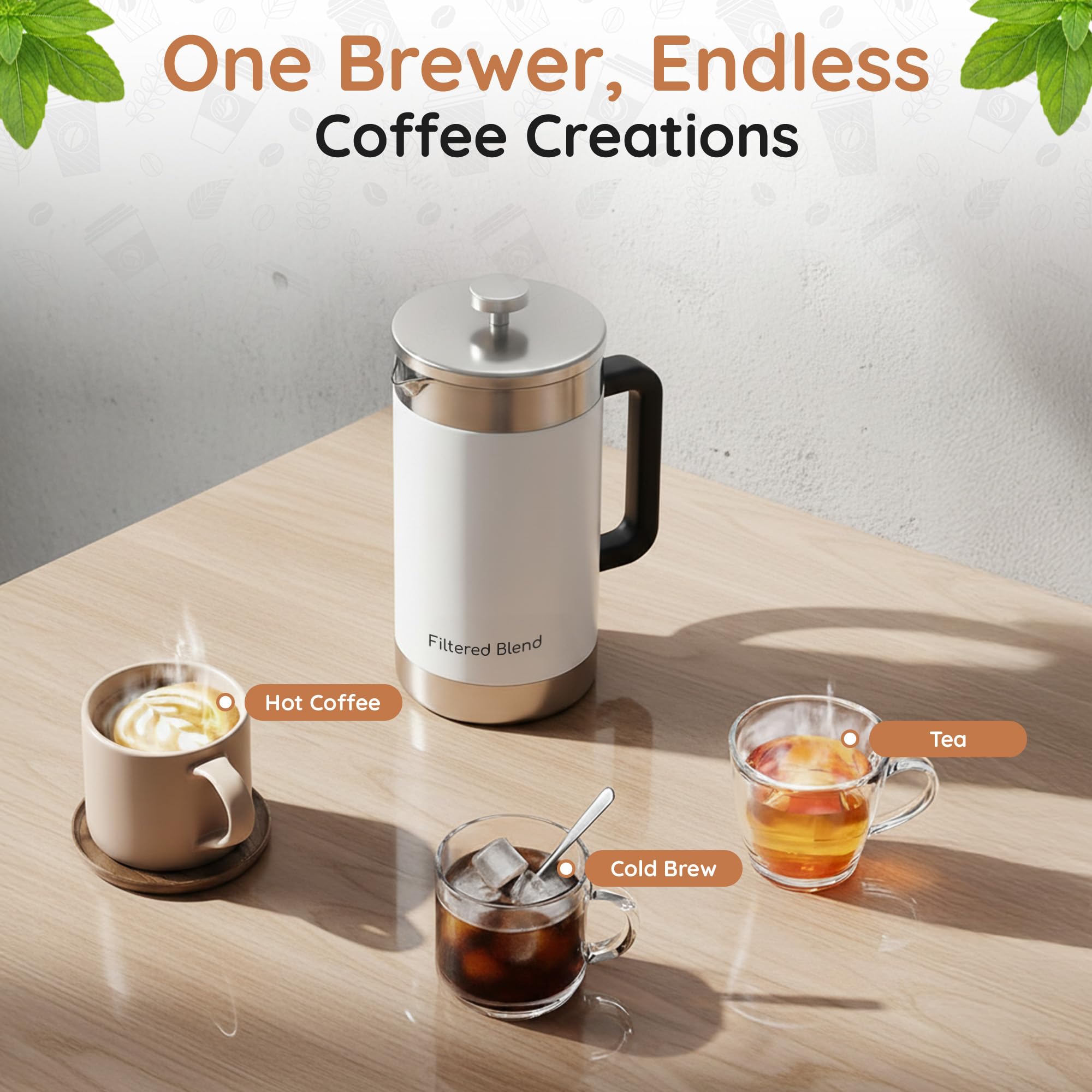 Filtered Blend 1.6L French Press Coffee Maker (White) thumbnail 4