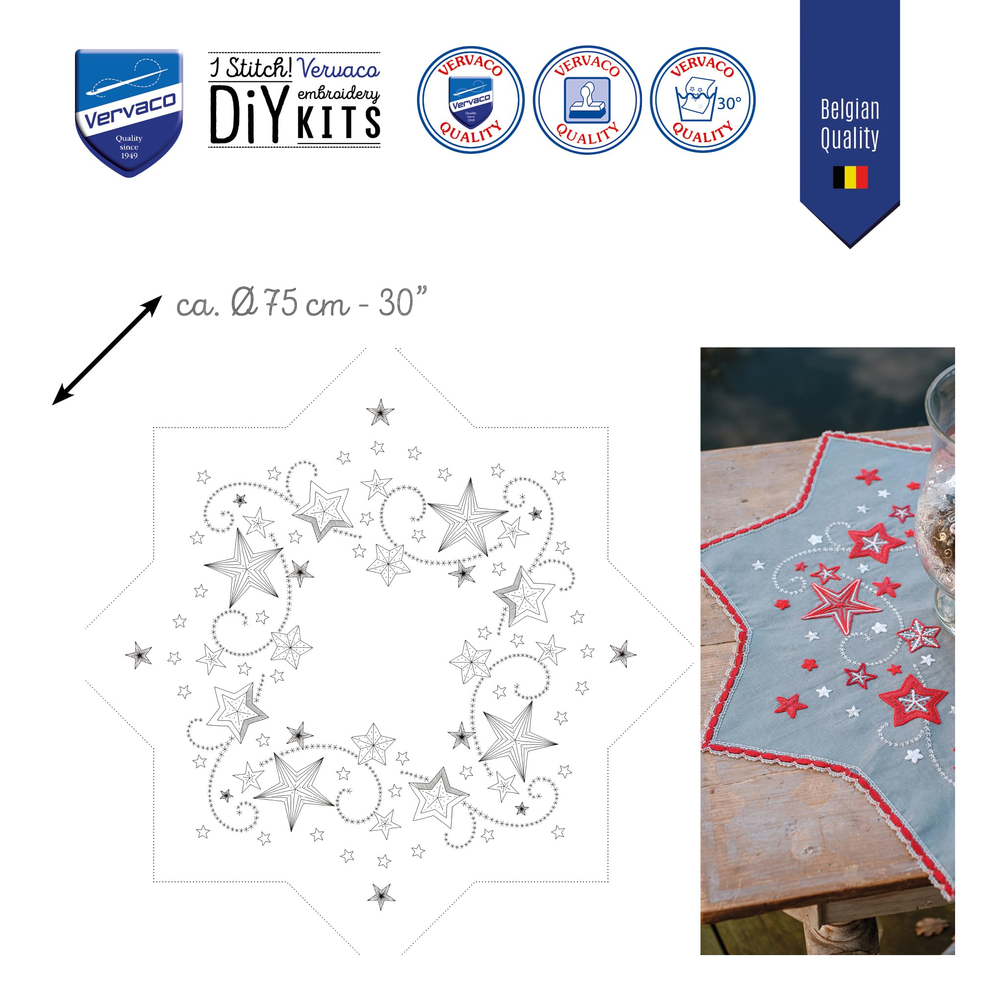 VERVACO Zestaw do Haftu Obrusu z Nadrukiem Zestaw do Haftu Obrusu Haft Płaski TAŃCZĄCE GWIAZDY Zestaw Kreatywny dla Dorosłych 75 x 75 cm DIY Dekoracja Świąteczna ze Zmywalnym Wzorem Cross Stitch Kit