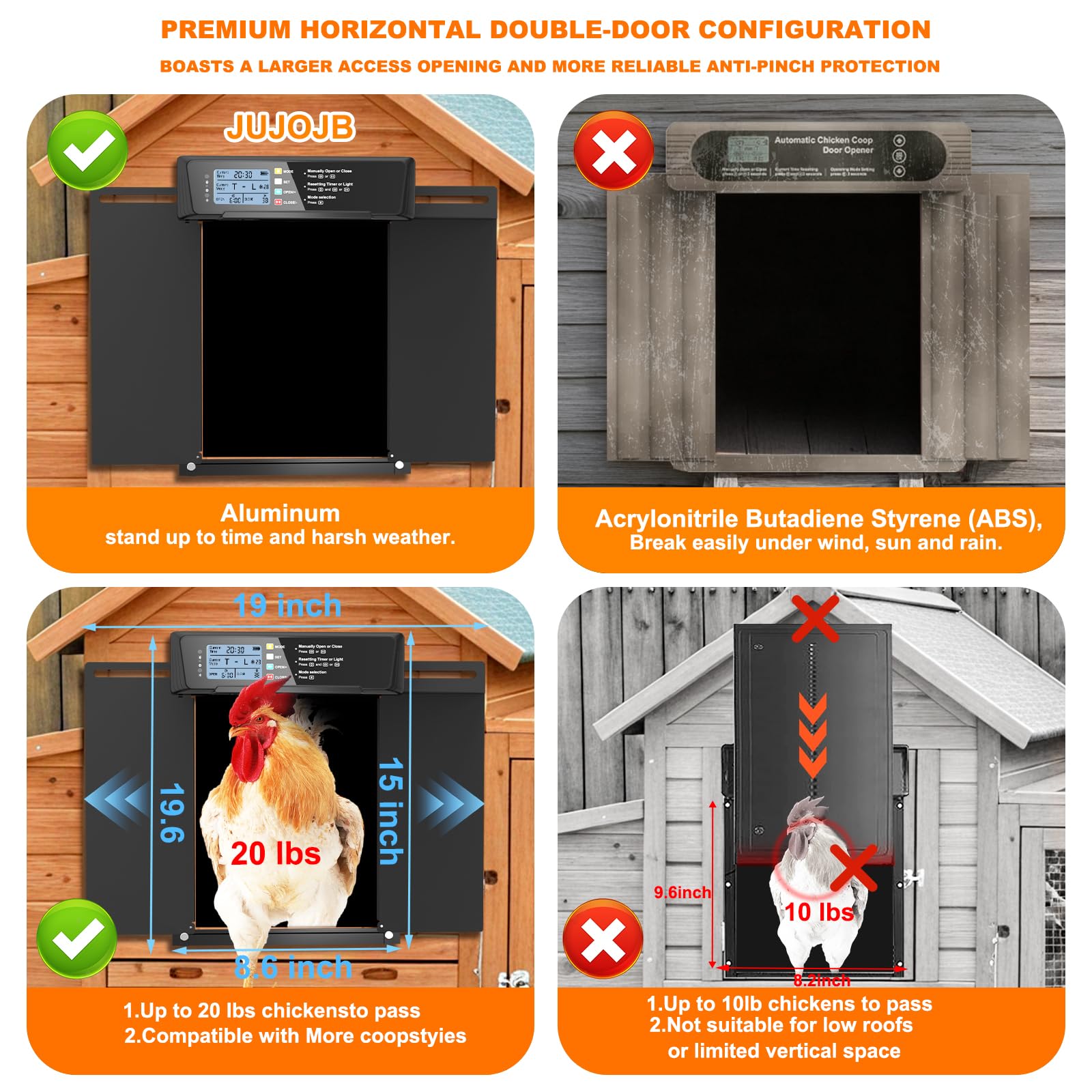 Puerta automática de gallinero solar y funciona con pilas, 6 modos de puerta de gallinero con temporizador, sensor de luz, abridor automático de puerta de pollo eléctrico de aluminio con control