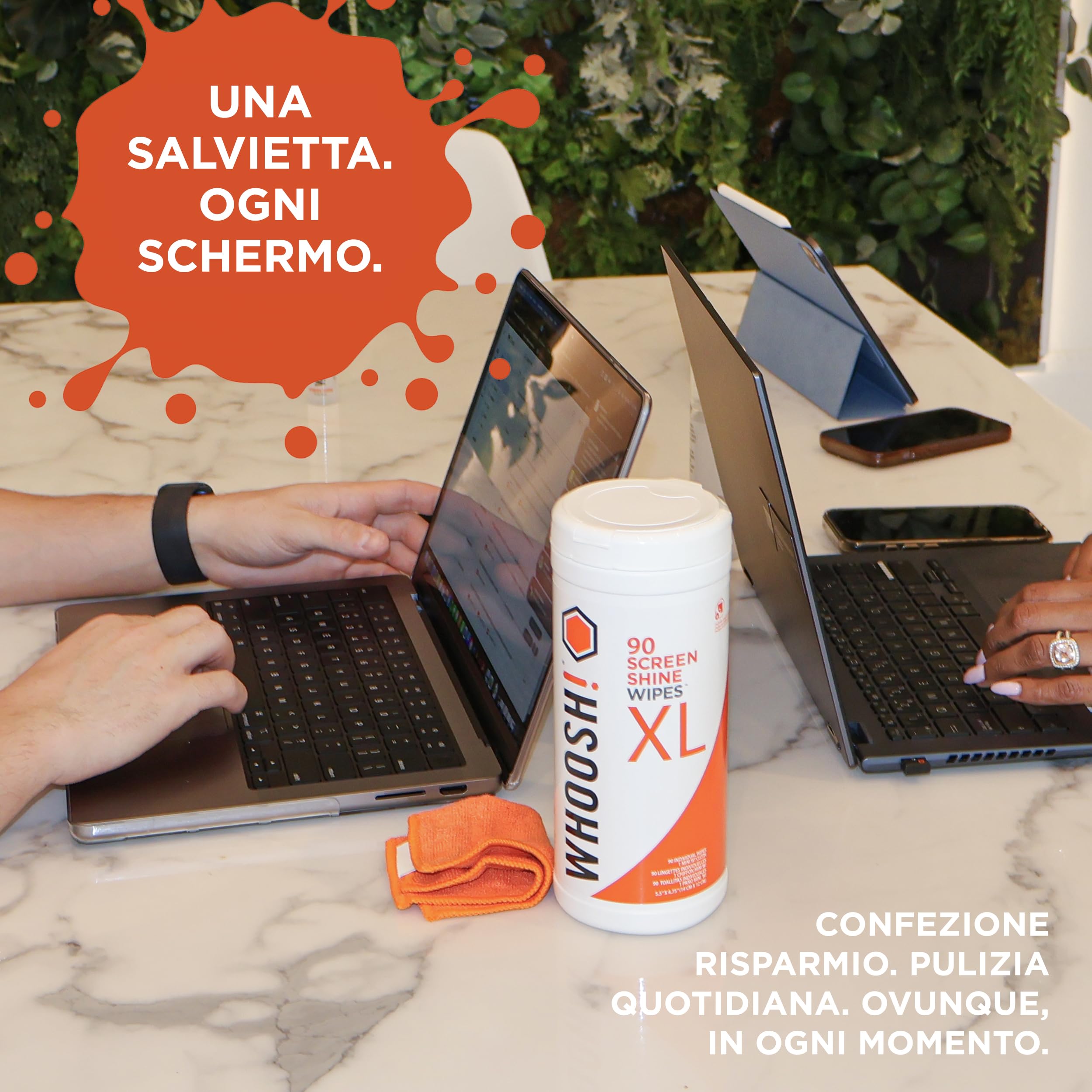 WHOOSH! Screen Shine 90 Salviette Schermo Per Auto, TV, Laptop, MacBook E OLED Con Panno Microsuede – Senza Pelucchi, Non Abrasive, Senza Aloni Salviette Occhiali Pulizia