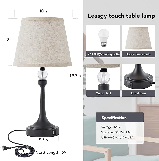 Lámpara de Mesa Táctil 19.7" LED 2 Unidades con USB C+A miniatura 9