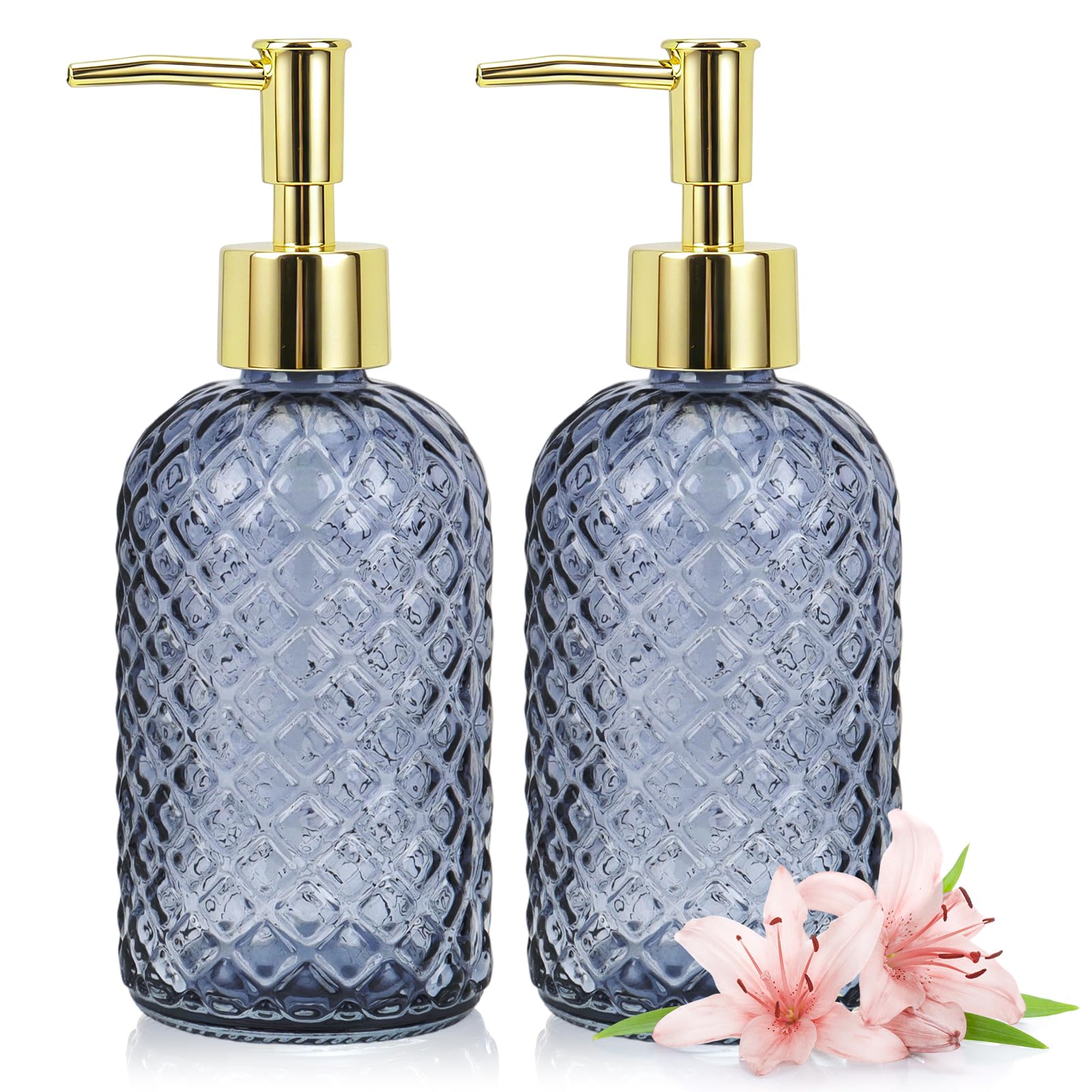 Soap Dispenser - 2 Pack, Clear Glass Refillable Hand Soap Dispensers, Hand and Dish Soap Dispenser, Soap Bottles with Gold Pump, Lotion Dispensers for Kitchen, Bathroom 400ml/14oz(2PCS/ Clear Blue)