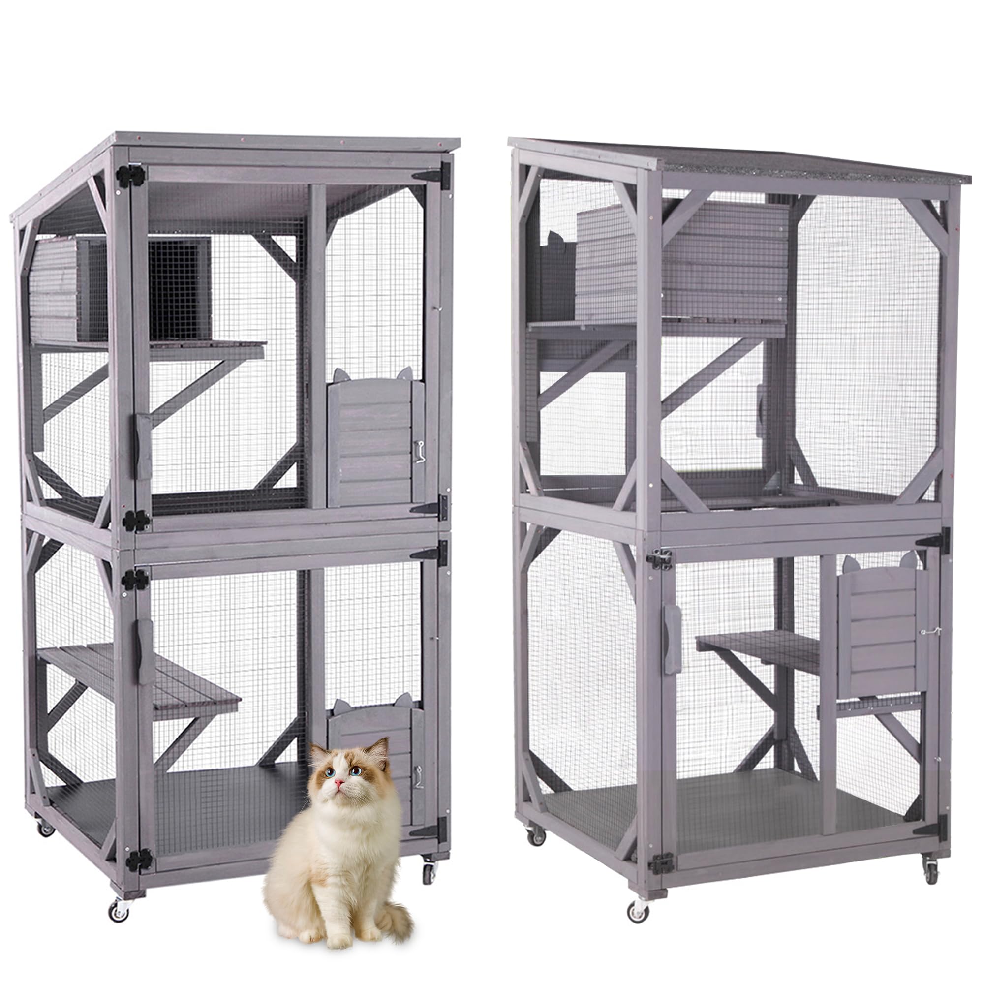Cat House Outdoor Cage Cat Enclosure on Wheels,Large Wooden Kitty Catio with Resting Box,PVC Layer