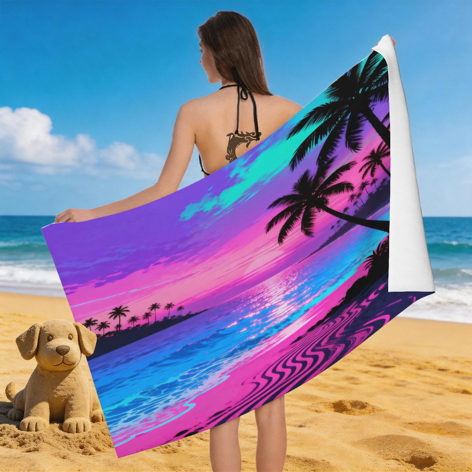 Leichong Men's Purple 3D Beach Beach Towel Microfiber Soft Quick Dry For Adults, Sea View Bath Towel Lightweight Soft Absorbent For Travel Swimming Pool Sports, 75 X 150 Cm