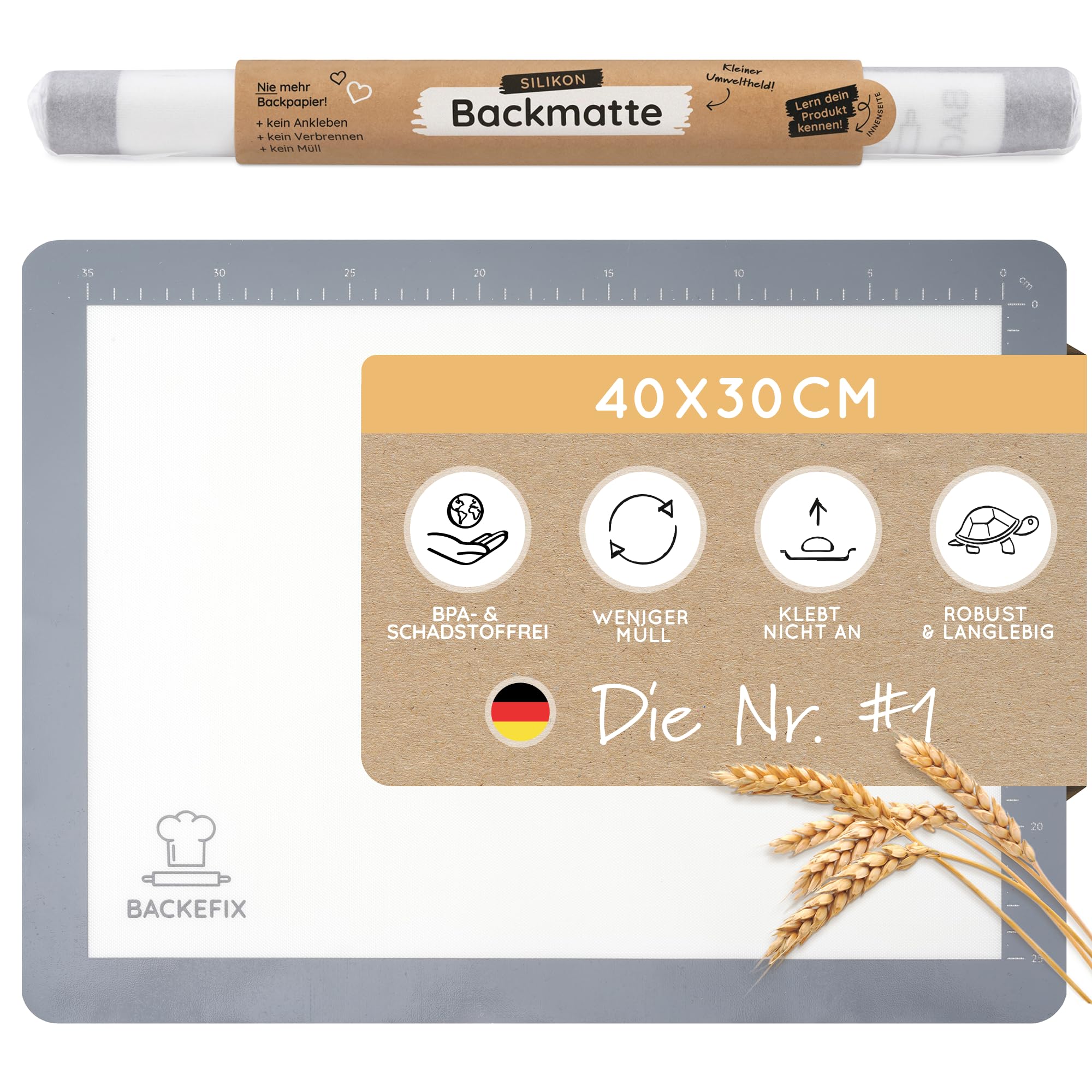 Backefix Silikon Backmatte 40x30 cm Grau – hochwertige, wiederverwendbare Dauerbackfolie als gesunde Alternative zu Backpapier ohne PFAS und BPA, alltagstauglich, antihaftend und spülmaschinenfest