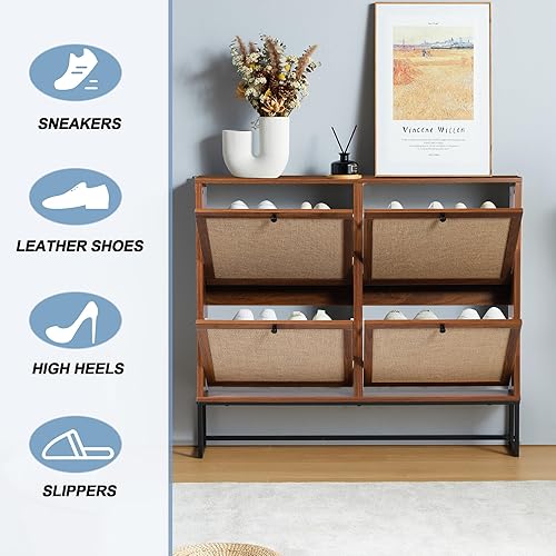 Miniatura 6 de Armario de zapatos con 4 cajones abatibles, organizador de zapatos independiente para entrada, pasillo, sala de estar (nogal - 4 niveles)