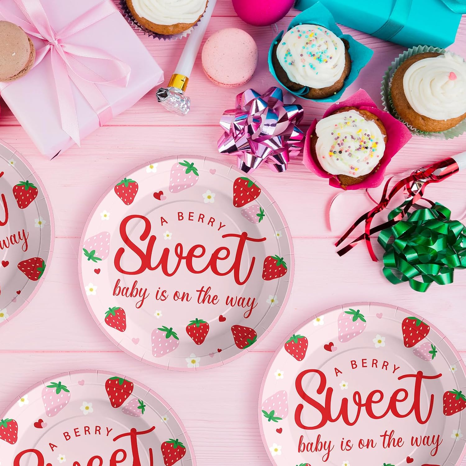 Grencian 50 Pcs Strawberry Baby Shower Plates 9" Berry Sweet Paper Plates A Berry Sweet Baby is On The Way Decorations for Girl Strawberry Baby Shower Decorations Spring Summer Fruit Party Supplies