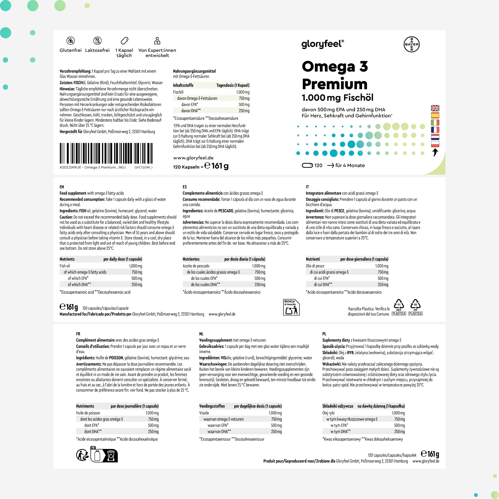 Omega 3 Olio di Pesce, 1000mg di Omega 3 500 mg EPA + 250 mg DHA, Integratore Olio di Pesce Omega 3 Capsule, 120 Capsule, Omega3 Fish Oil, Cuore & Cervello Sani, Testato in Laboratorio