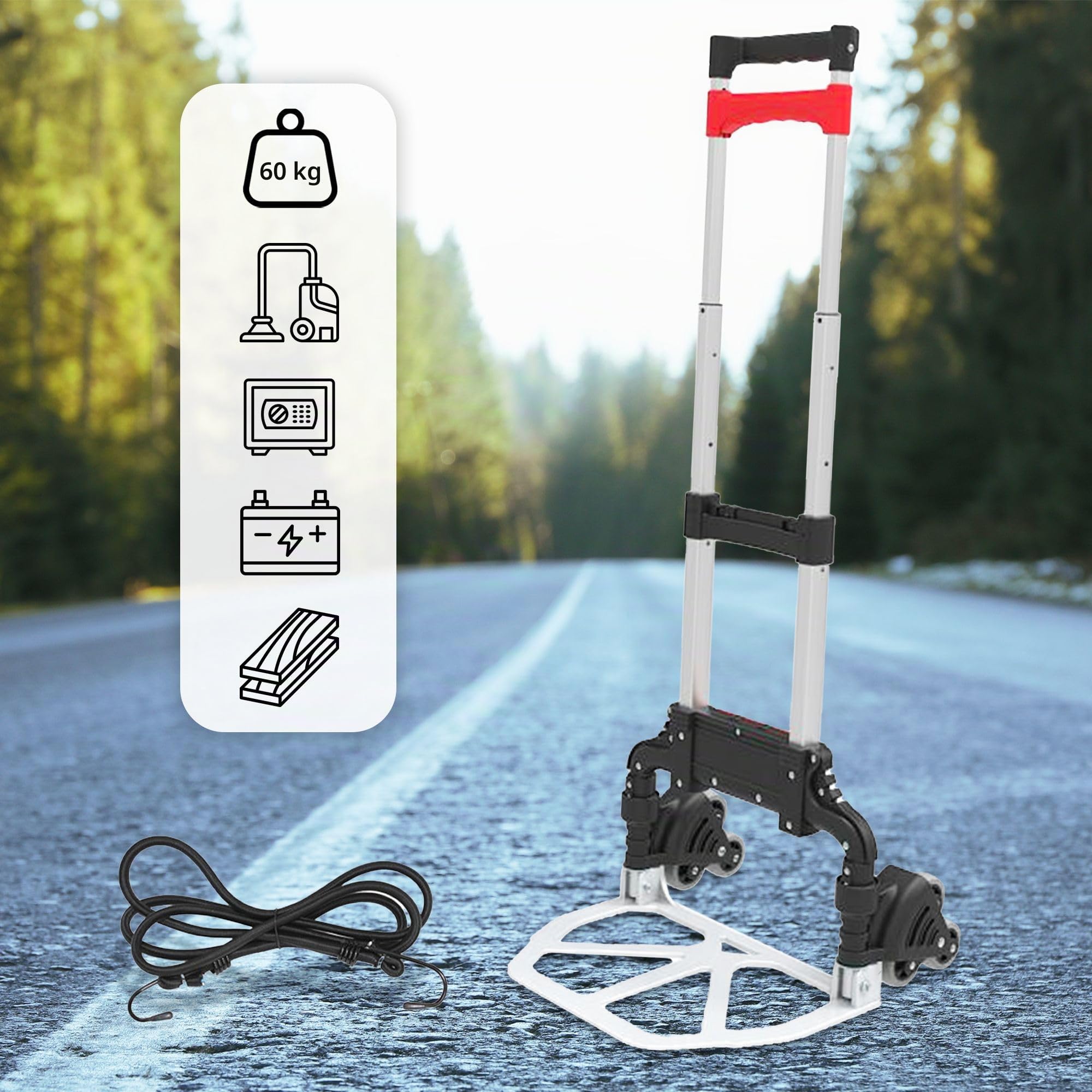 Diable Pliable en Aluminium Ultra Robuste - 6 Roulettes Rotatives par 3 - Chariot Léger 3Kg - Ultra Compact / Manche Télescopique – Tendeurs / Élastiques à Crochets Fourni – Charge Max 60Kg