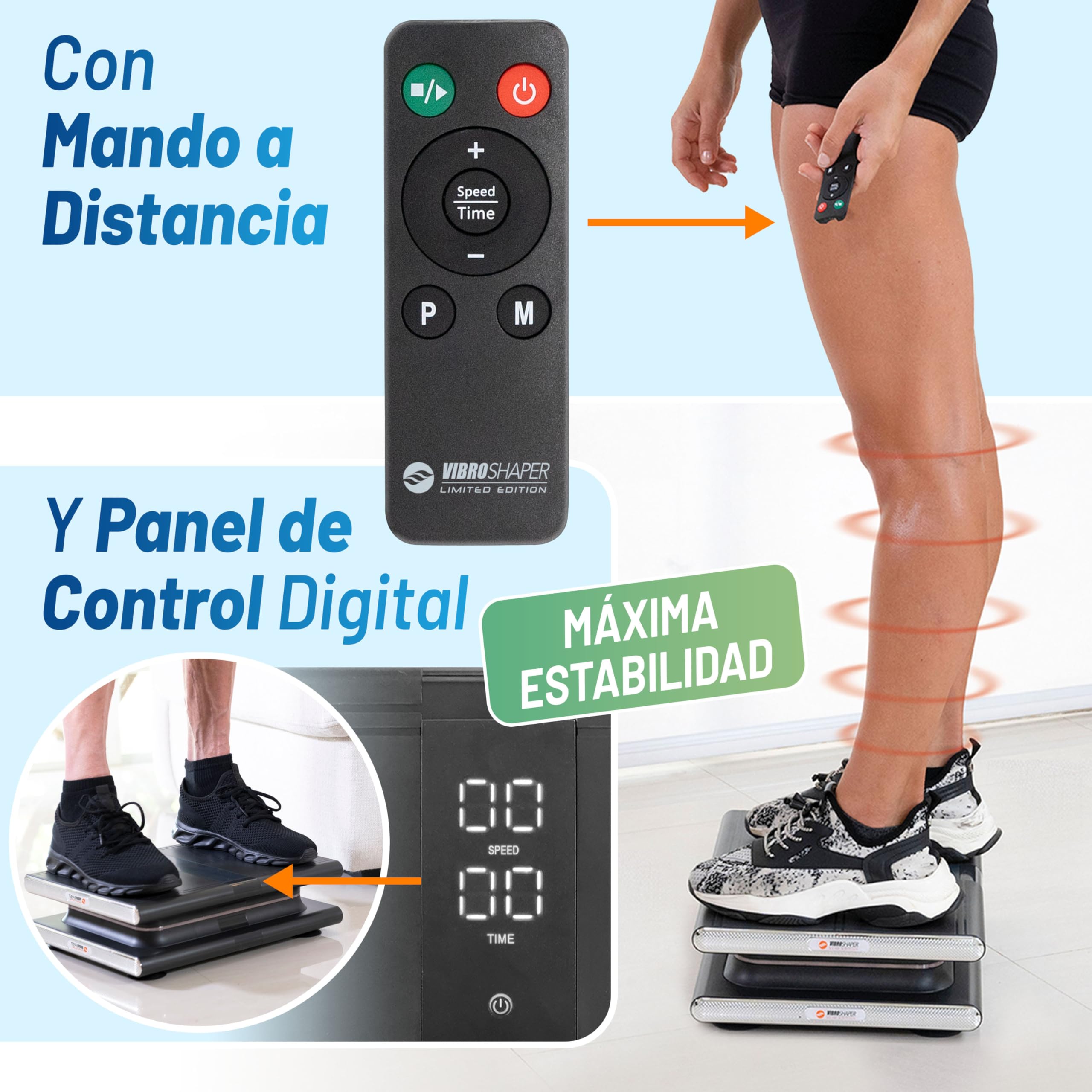 Plataforma VIBRATORIA VIBROSHAPER Limited Edition. Hace Ejercicio “por ti” y te relaja con un Masaje. Sin Esfuerzo ni Impacto en articulaciones. Estable, silenciosa, compacta, con Mando a Distancia
