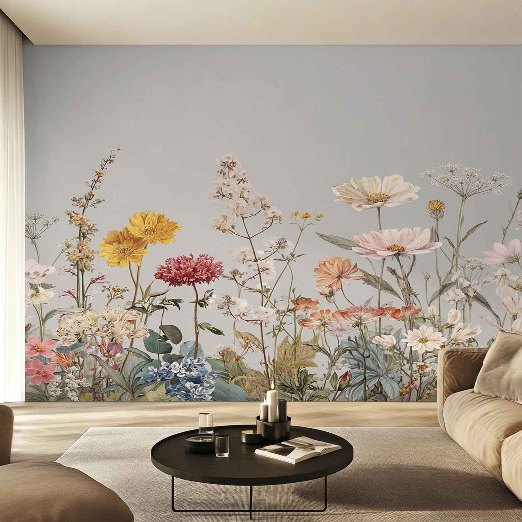 Papier peint panoramique floral intissé fresque fleur sauvage 200x140 cm