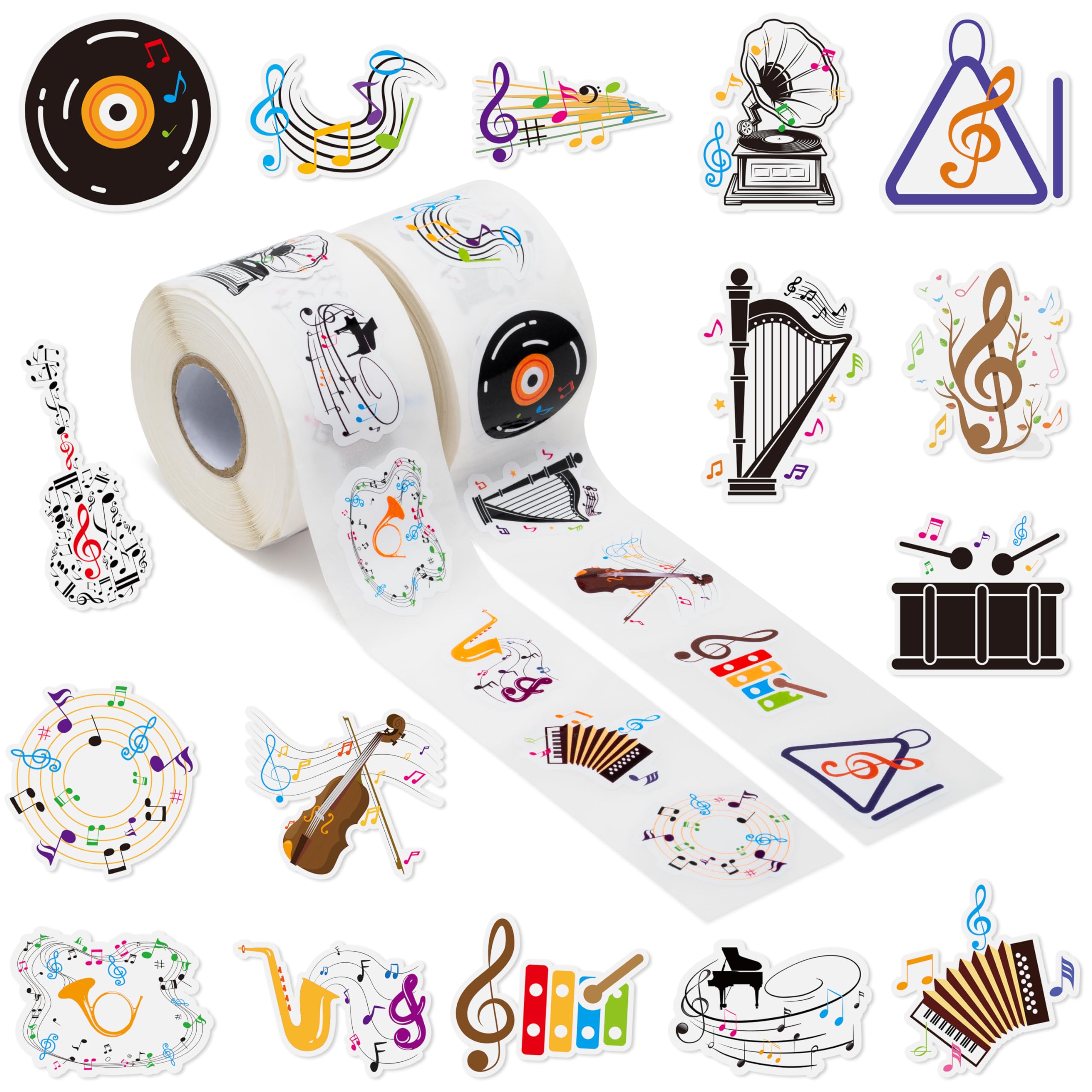 OSINE Music Vinyl Roll Sticker - 1000Pcs with 16 Cute Patterns Musical Note Guitar Motivational Self-Adhesive Decals for Teacher Reward Party Favor Windows Water Bottle Scrapbooking Journaling Laptop