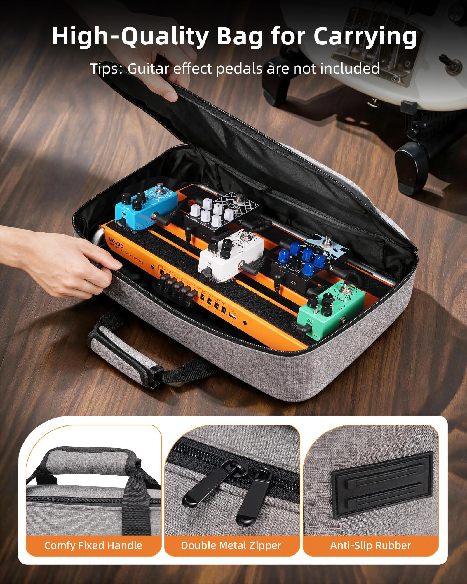 LEKATO Pedalboard Gitarre mit integriertem Netzteil, Aluminiumlegierung Effektboard 45 x 30 x 9cm, Pedalboard Set mit Tasche, Pedalkabeln und Klettstreifen