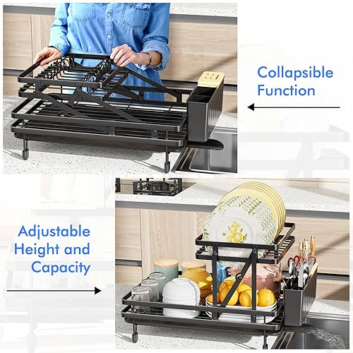 Miniatura 2 de YKLSLH Escurridor de platos, escurridor de platos plegable para encimera de cocina, escurridor de platos resistente de 2 niveles con soporte para