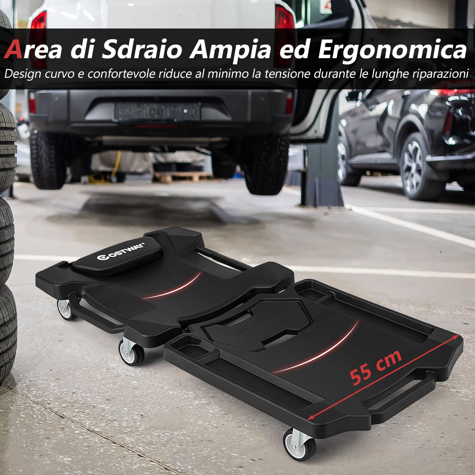 COSTWAY Carrello Sotto Auto Pieghevole, Lettino Sottomacchina da Meccanico con Poggiatesta Imbottito e Vassoio Portautensili, Portata 158 kg, Sdraio da Officina con Ruote per Garage e Riparazioni Auto