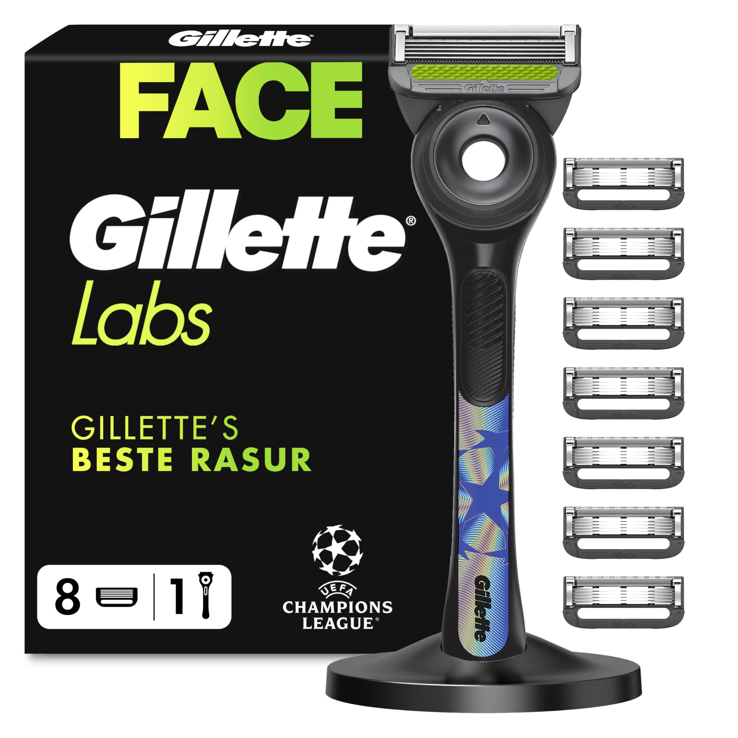 GilletteLabs Rasierer Herren mit Reinigungselement, UEFA Champions League Special Edition, Nassrasierer — Inkl. 1 Handstück, 8 Ersatzklinge mit Magnetischem Dock — Edelstahl, Schwarz
