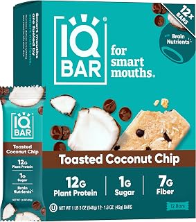 IQBAR Toasted Coconut Chip Protein Bars 12ct - Keto Vegan 12g Plant Protein, 2g Net Carbs, Brain Nutrients for Focus & Energy
