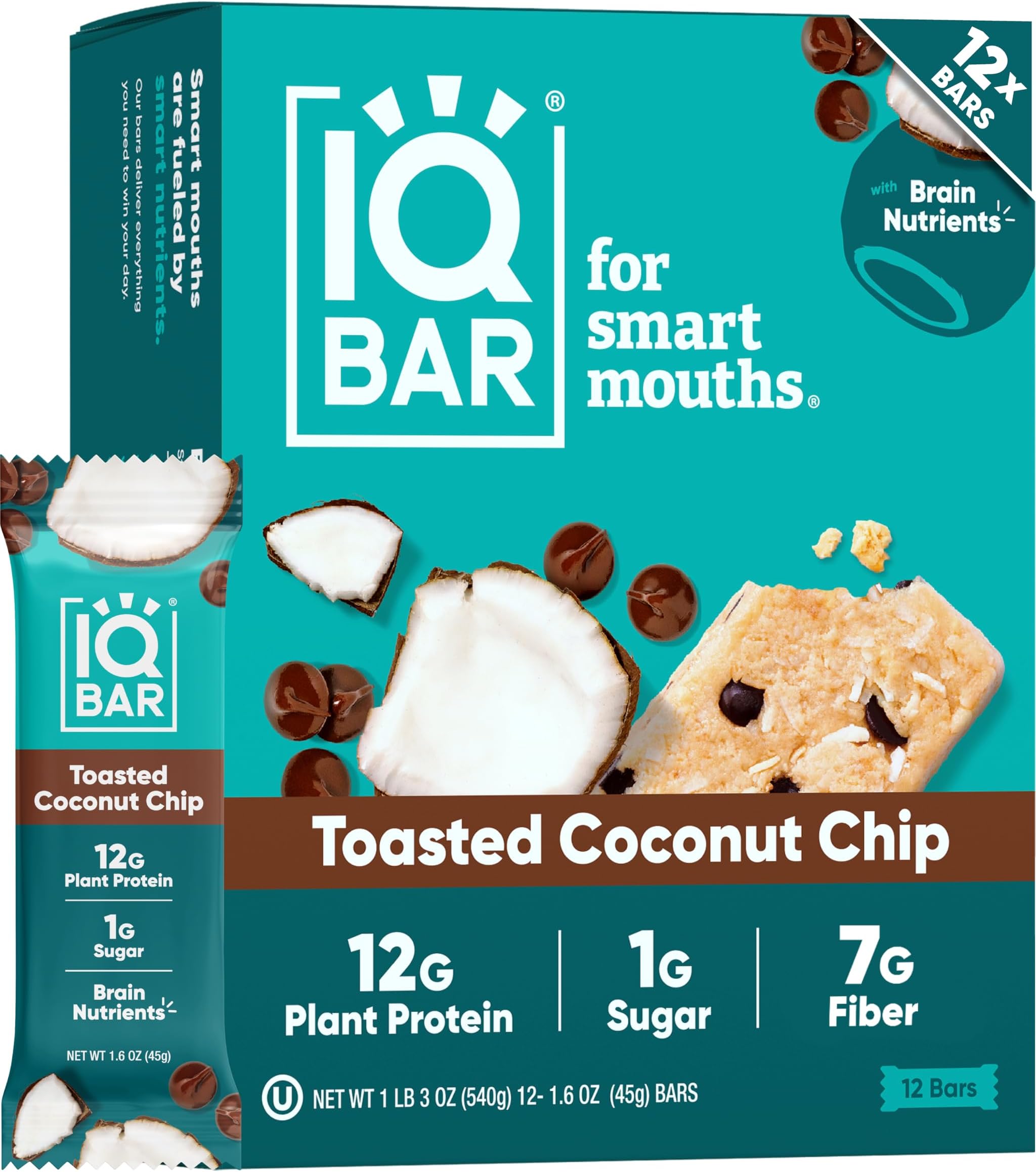 Clean Plant Protein Bars - Toasted Coconut Chip - 12 Count - Keto, Vegan, High Fiber, Gluten and Dairy Free, Low Sugar Snack - Brain and Body Nutrients for Focus, Energy, Meal Replacement