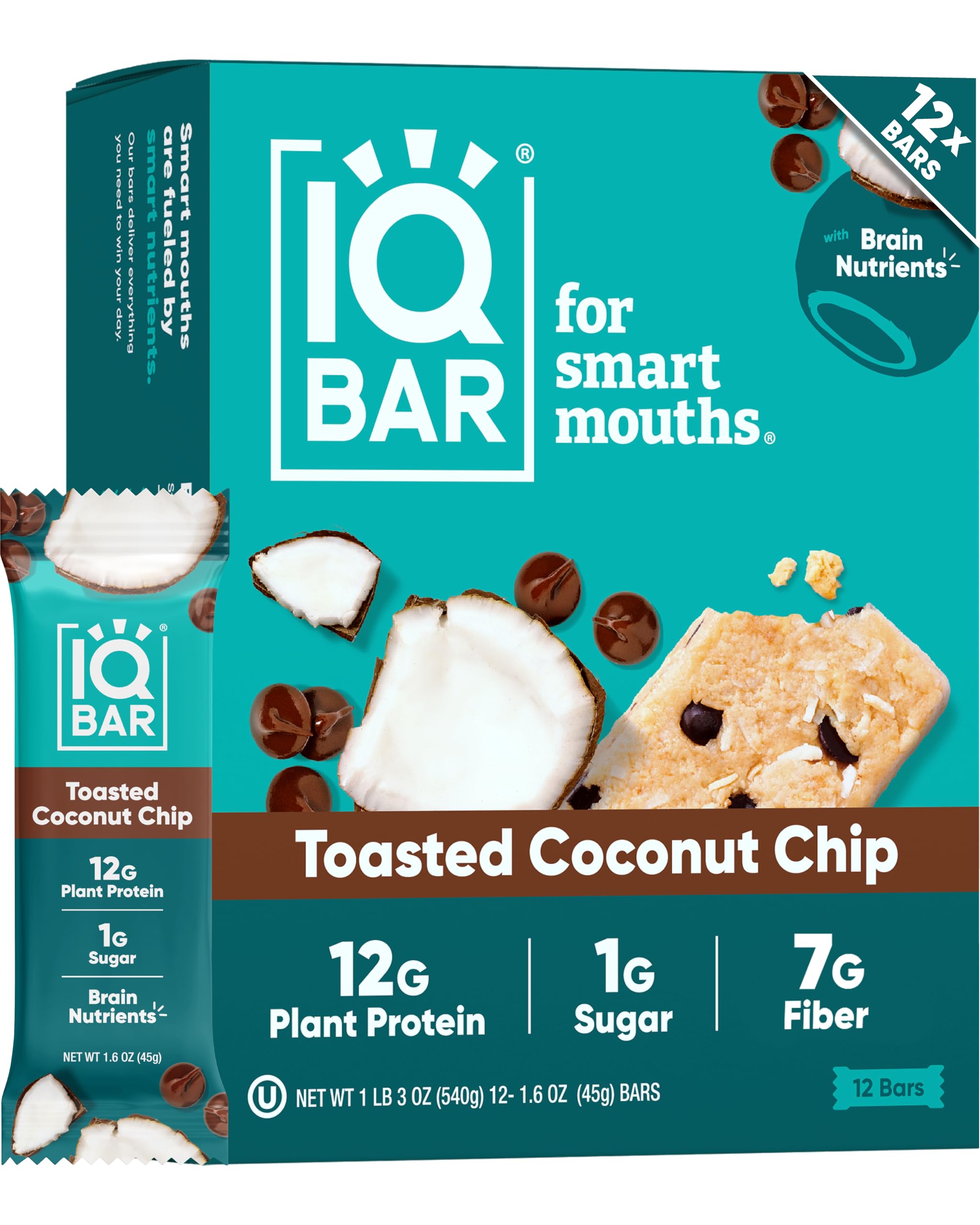 - IQBAR Brain and Body Plant Protein Bars - Toasted Coconut Chip - 12-Count Low Carb - Gluten Free, High Fiber, Vegan Snacks - Low Sugar Meal Replacement