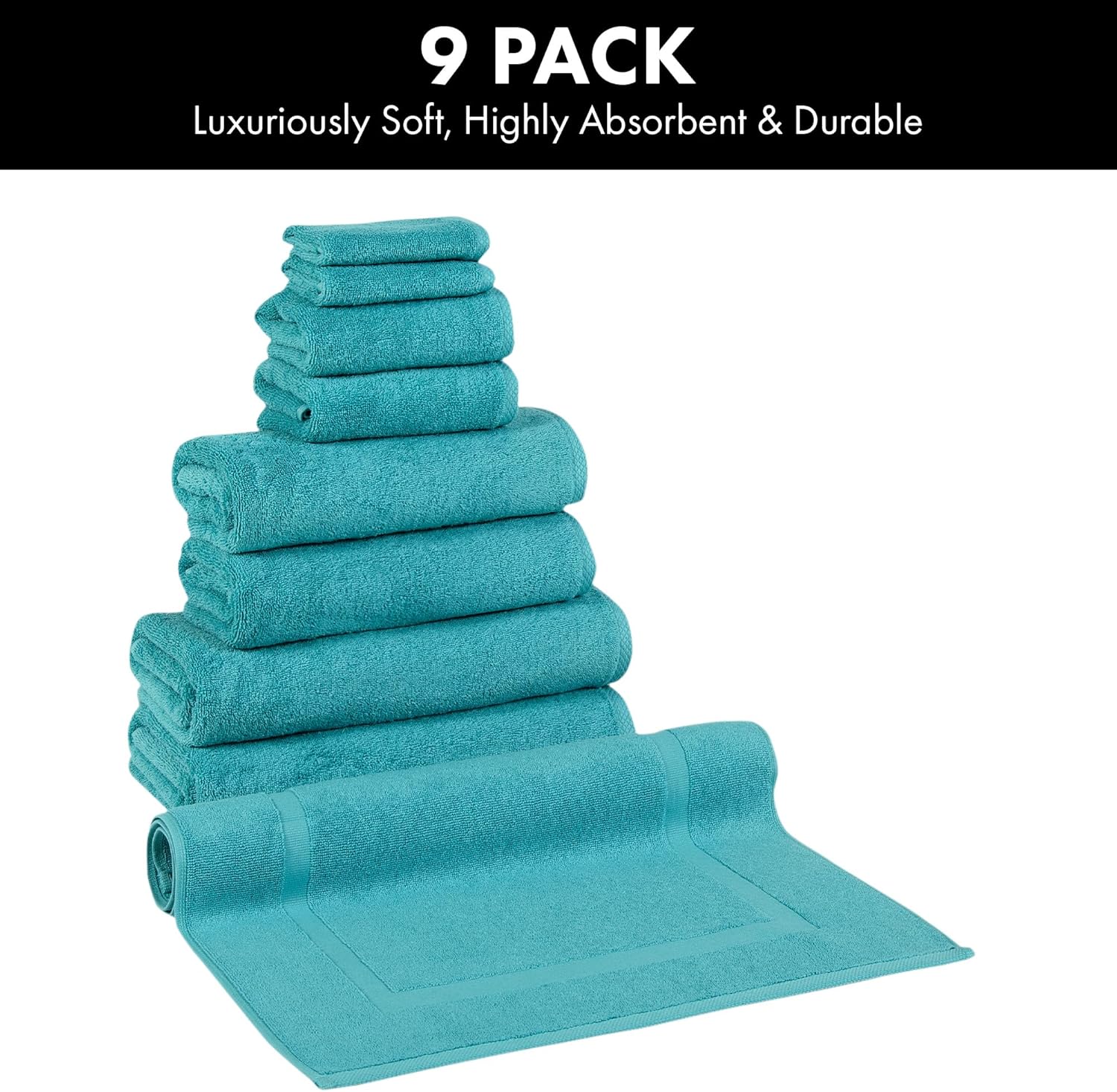 Classic Turkish Towels CTT - 9 Piece Premium Towel Set, 100% Turkish Cotton, Highly Absorbent & Comfy, Includes 2 Bath Towels, 2 Hand Towels, 2 Washcloths, 2 Bath Sheets & 1 Bath Mat | (Aqua)