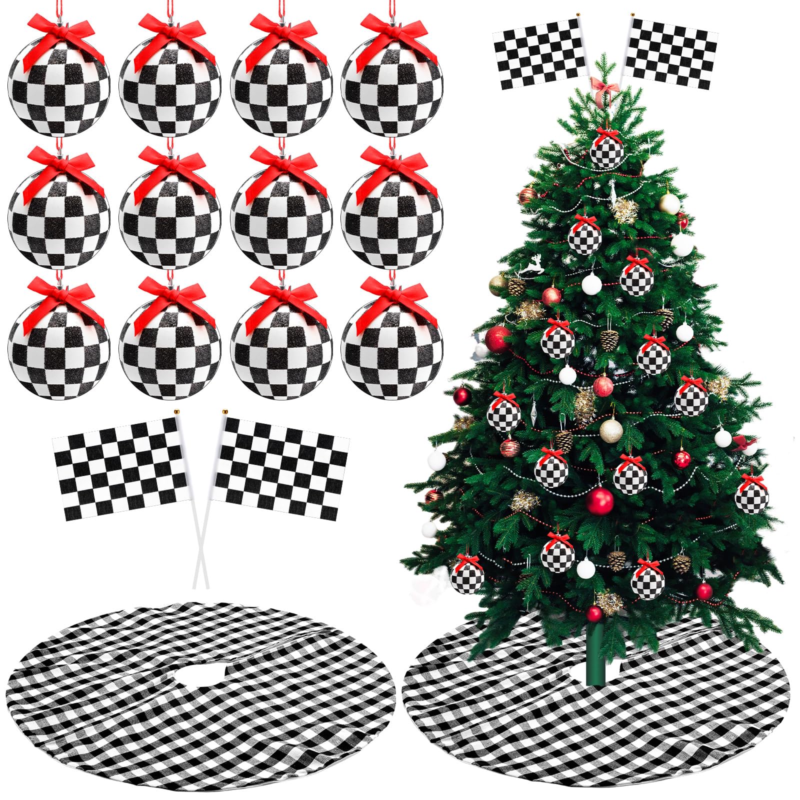 Hiboom Lot de 15 décorations de sapin de Noël à carreaux, 12 boules de Noël noires et blanches, 1 jupe de sapin de Noël à carreaux, 2 drapeaux de course en polyester avec bâtons en plastique pour fête