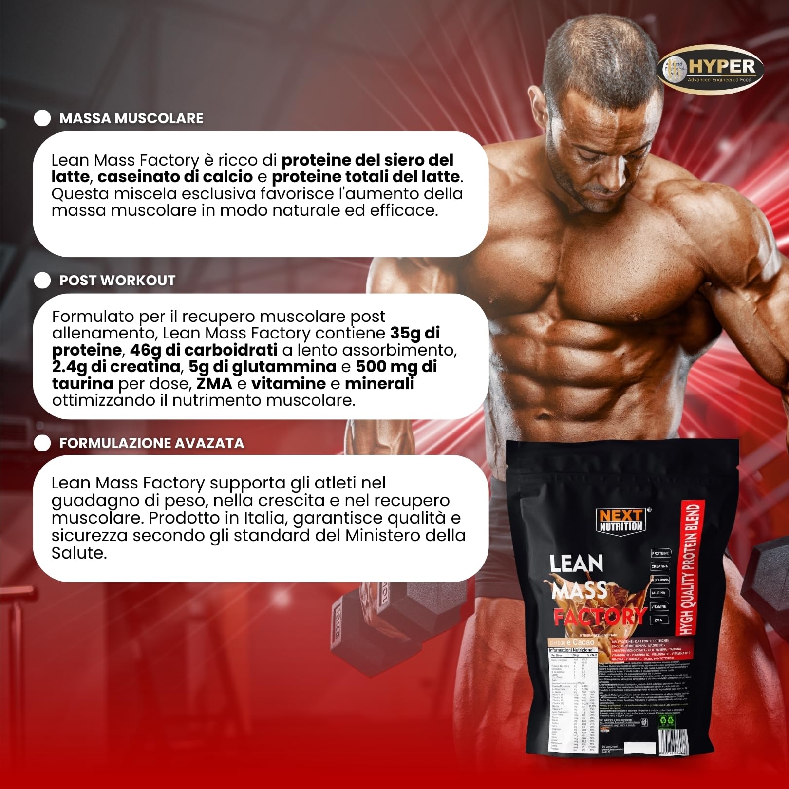 Proteine Aumento Massa Muscolare Gainer LEAN MASS FACTORY Gr 1000 Gusto Vaniglia Con Creatina Glutammina Taurina ZMA Vitamine Senza aspartame Recupero Muscolare