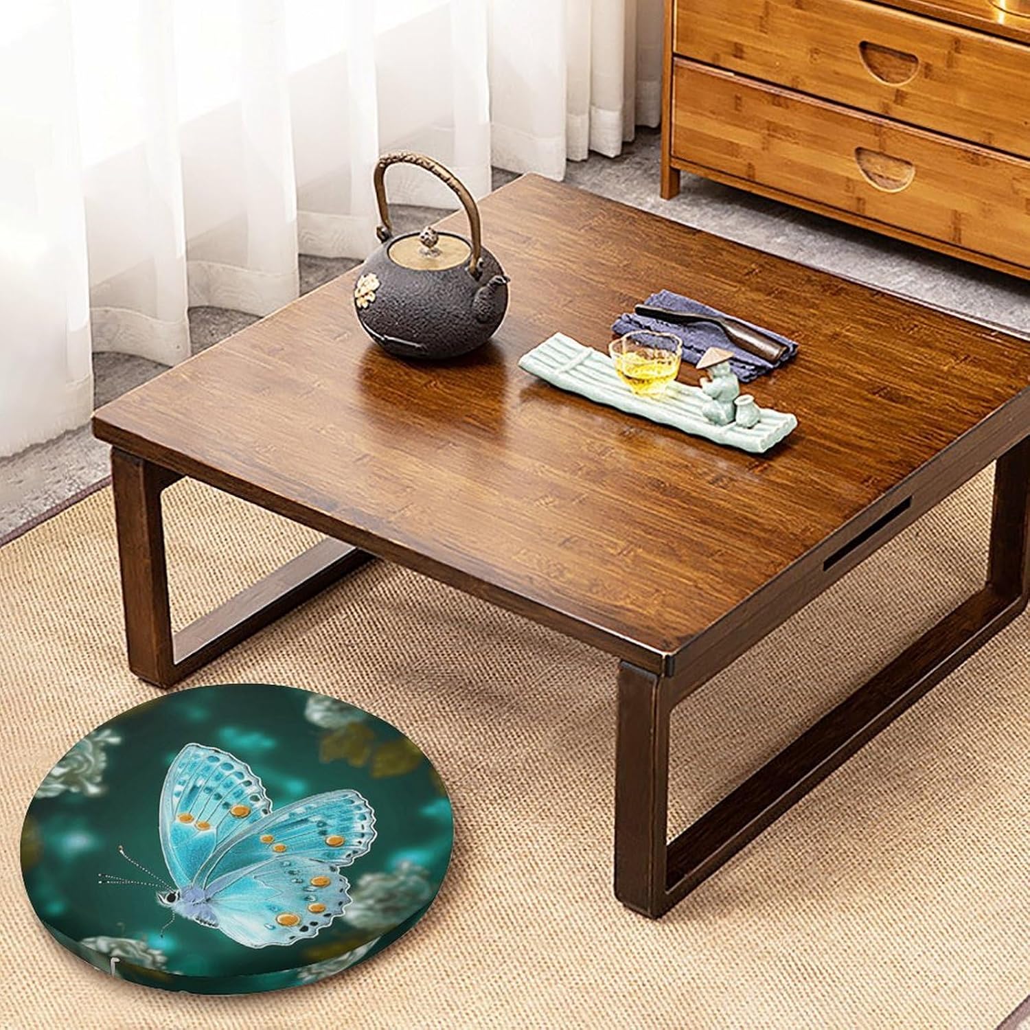 Light Blue Butterfly Round Cushion Memory Foam Seat Cushions 15In Comfort Meditation Floor Pillow Anti Slip Soft Stool Cushion Chair Pad for Tatami Living Room Yoga