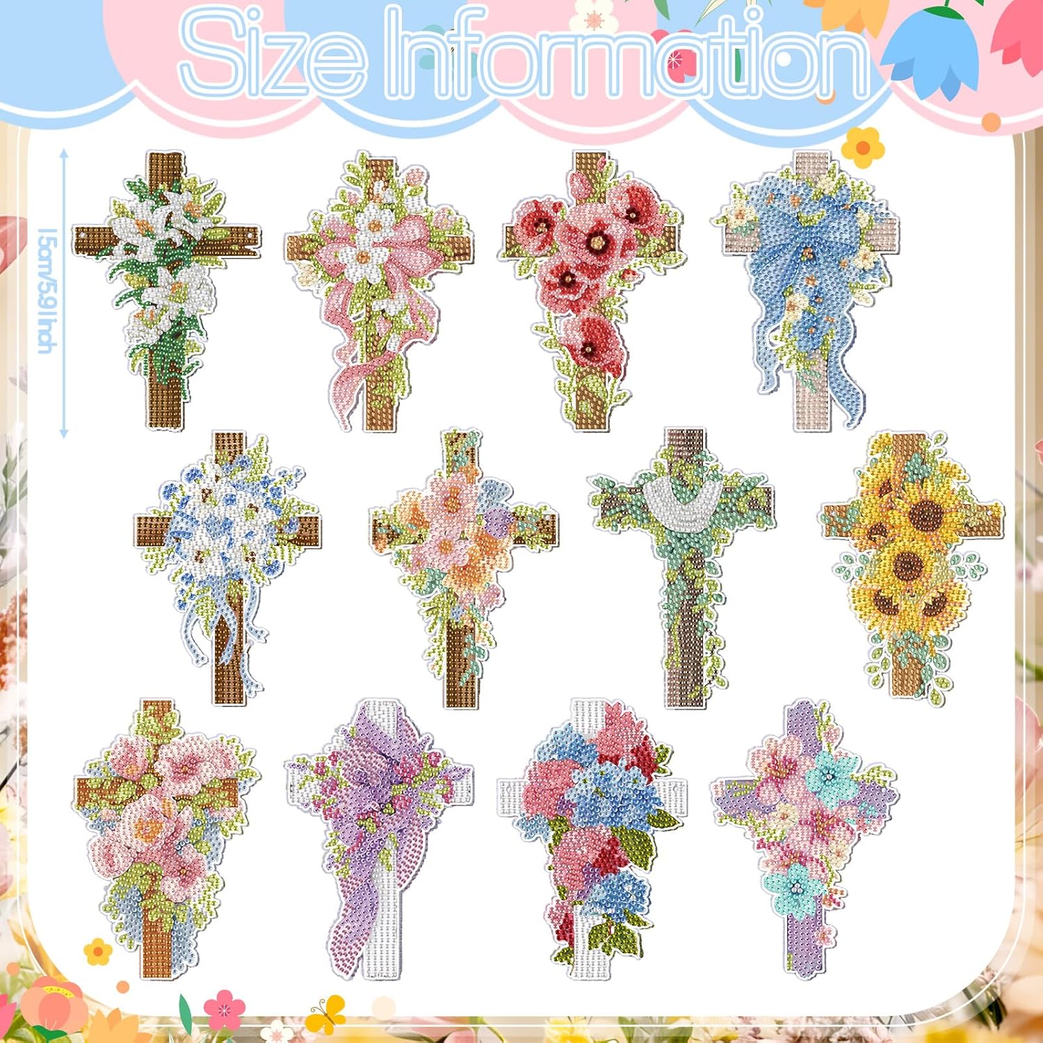 AmazingSpark 12 Pcs Spring Easter Hanging Diamonds Art Kit, 5D DIY Cross Flowers Diamond Painting Pendant Ornament, Religious Diamond Art Kits for Adult Easter Christian Gifts Home Office Wall Decor