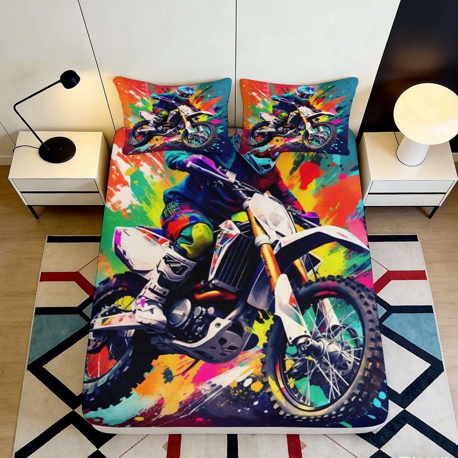 3D Printed Colorful Motocross Rider Fitted Sheet Microfiber Soft Breathable Splash Art Mattress Cover for Bedroom Decor 140x200x25cm