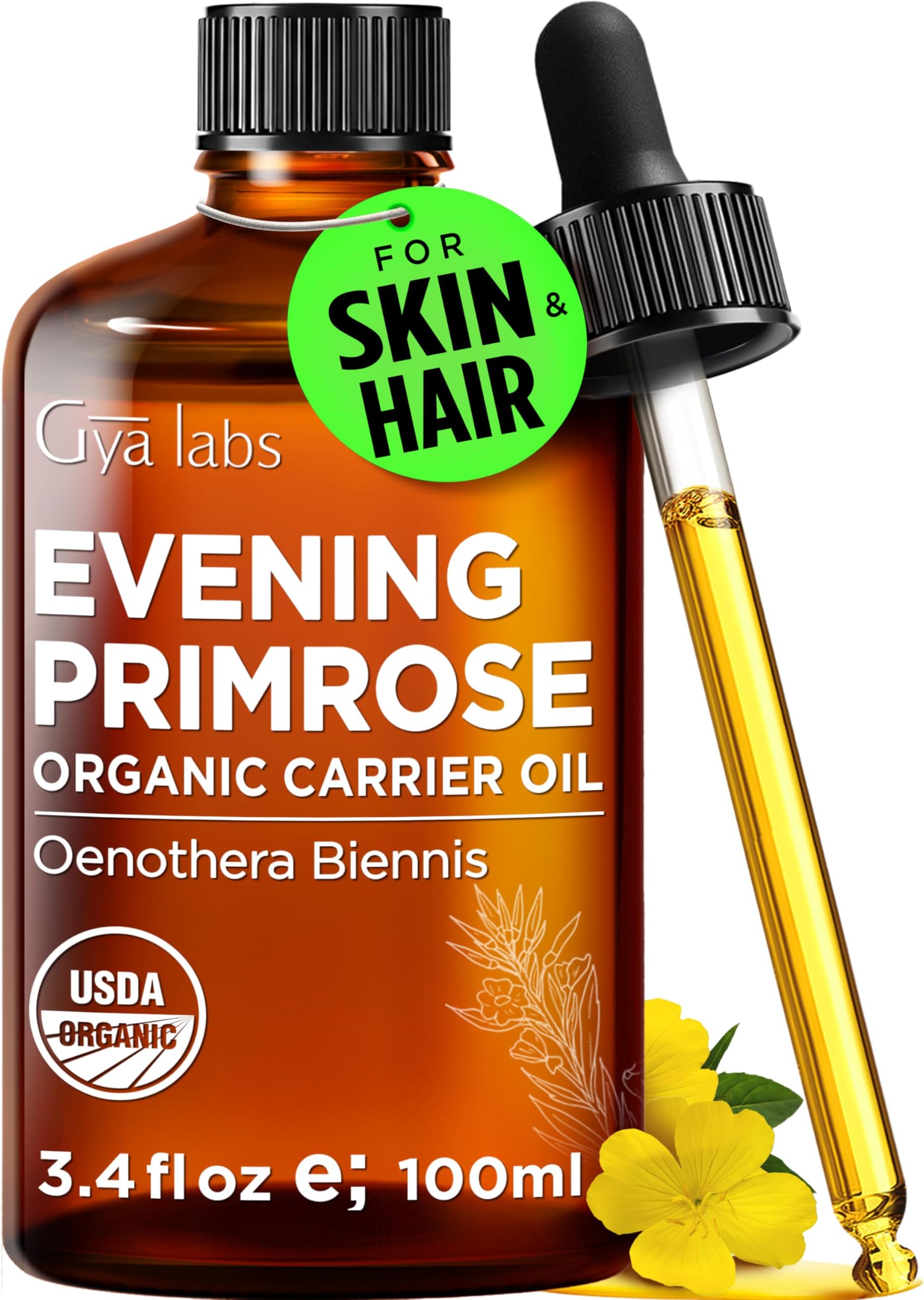 USDA Organic Evening Primrose Oil - 3.4 Fl Oz - Carrier Oil for Hair, Skin, Face, Scalp & Body Massage