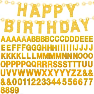 119 Pcs DIY Customizable Banner Kit Glitter - Custom Banner Including 113 Letters and Numbers 4 Ropes and 2 Lights - Personalized Banner Letter Kit Party Decor for Birthday Party Baby Shower Christmas - Gold